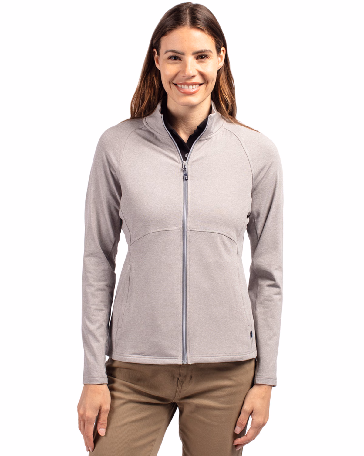 Custom Cutter & Buck Adapt Recycled Soft Knit Stretch Womens Heathered Full Zip Jacket — Polished Heather front