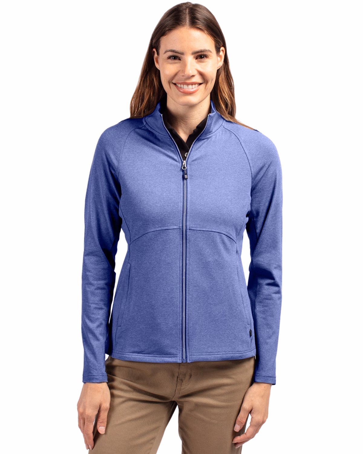 Custom Cutter & Buck Adapt Recycled Soft Knit Stretch Womens Heathered Full Zip Jacket — Tour Blue Heather front