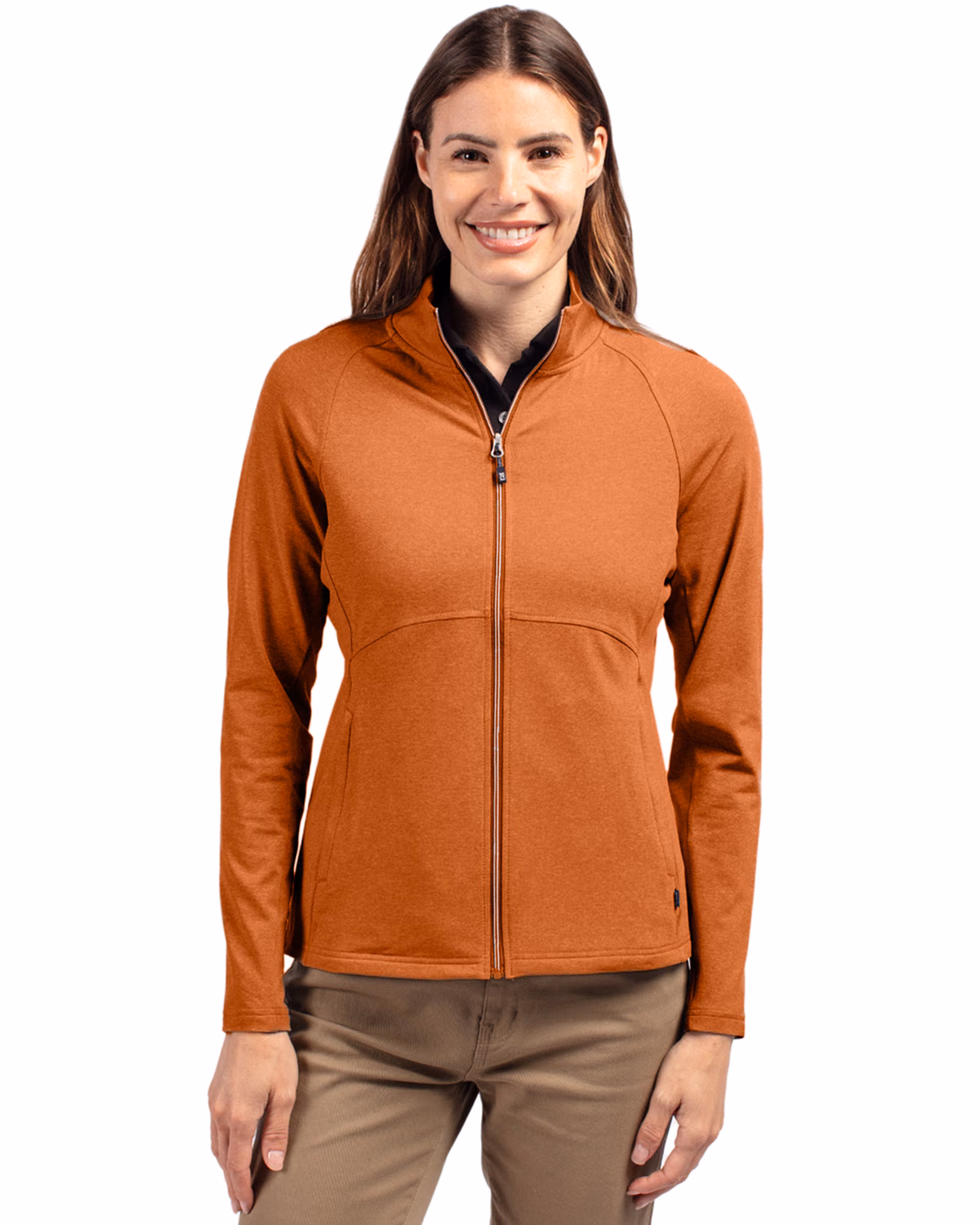 Custom Cutter & Buck Adapt Recycled Soft Knit Stretch Womens Heathered Full Zip Jacket — Texas Orange Heather front