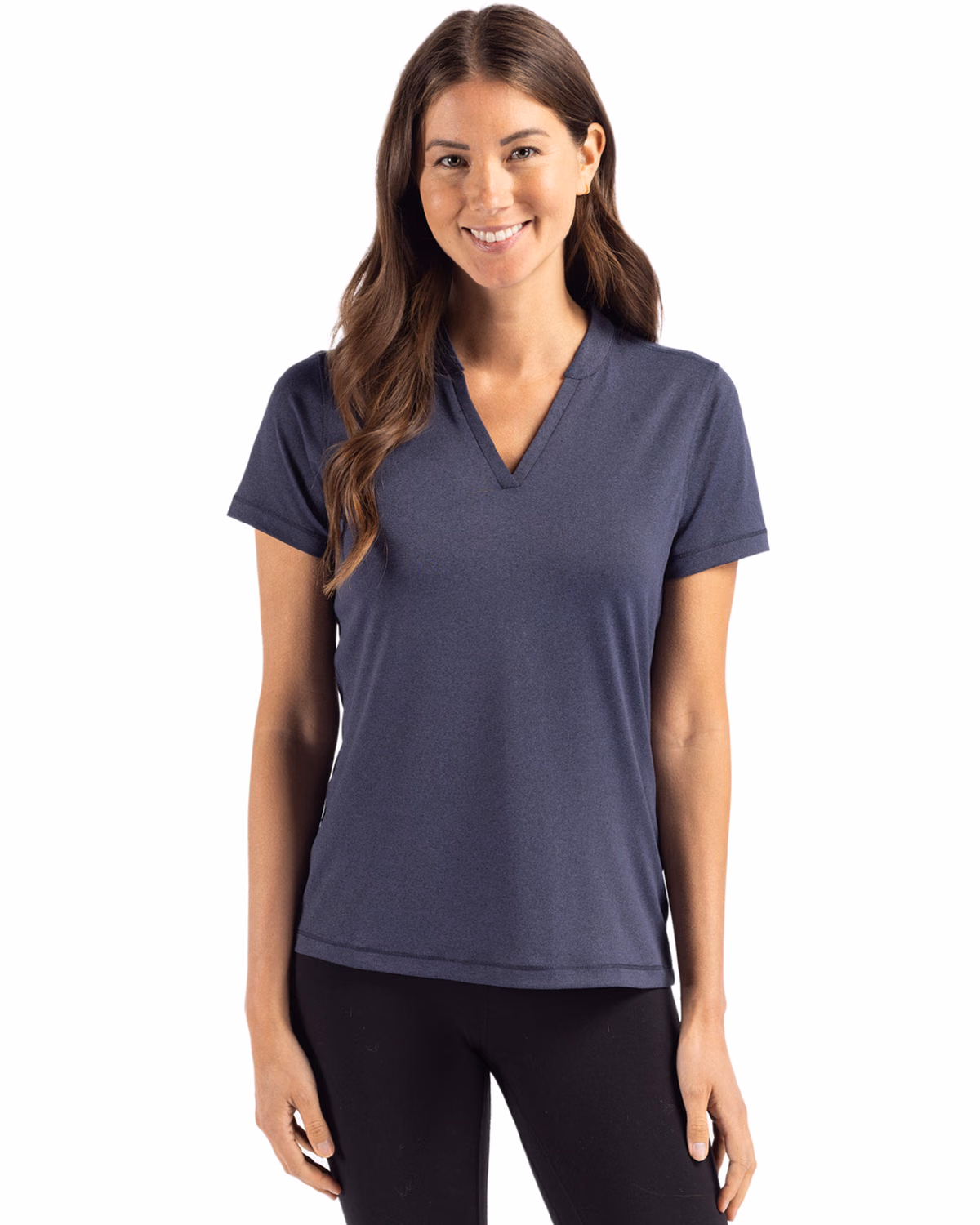 Custom Cutter & Buck Forge Recycled Four-Way Stretch Heathered Womens Blade Top — Dark Navy Blue Heather front