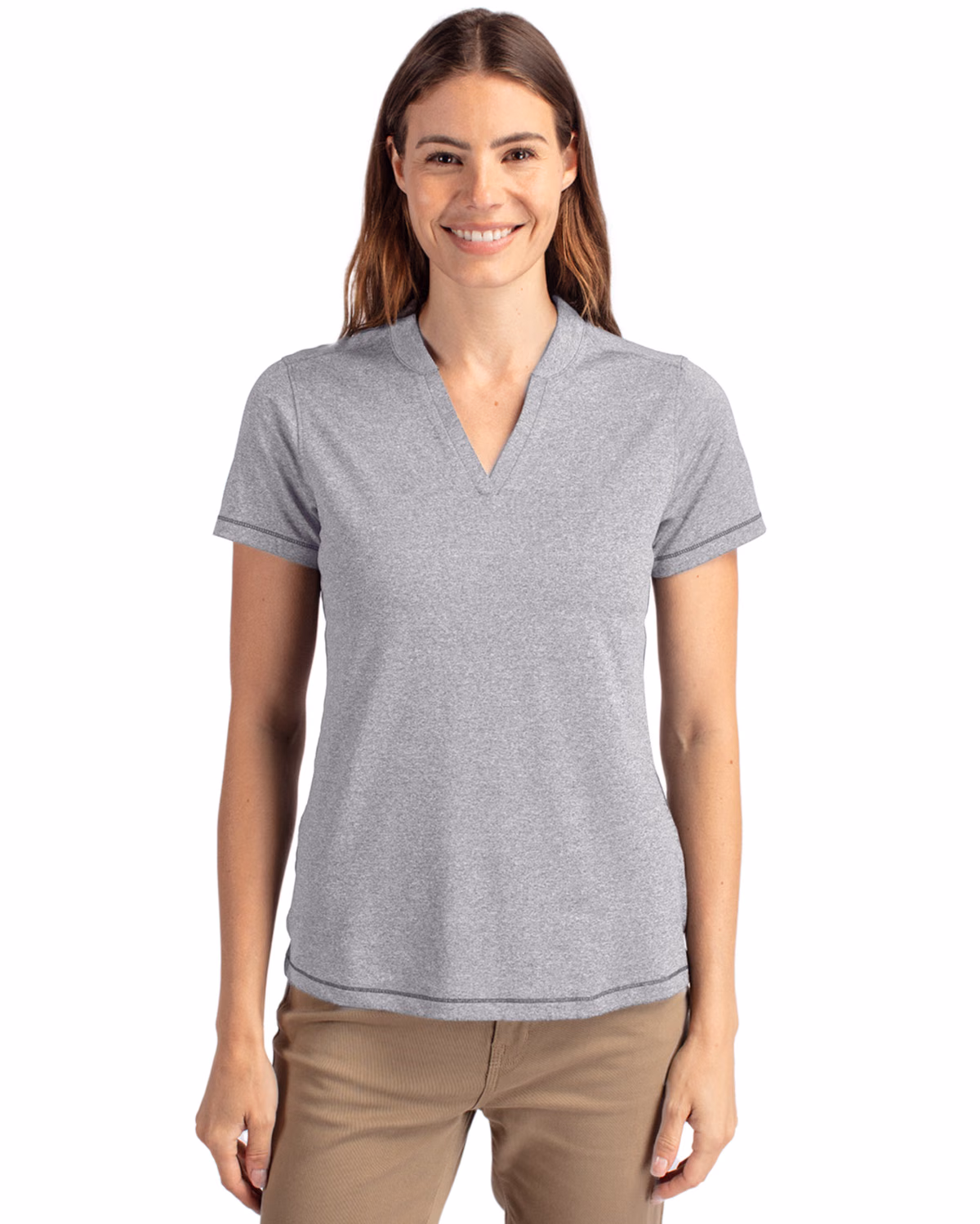 Custom Cutter & Buck Forge Recycled Four-Way Stretch Heathered Womens Blade Top — Polished Heather front