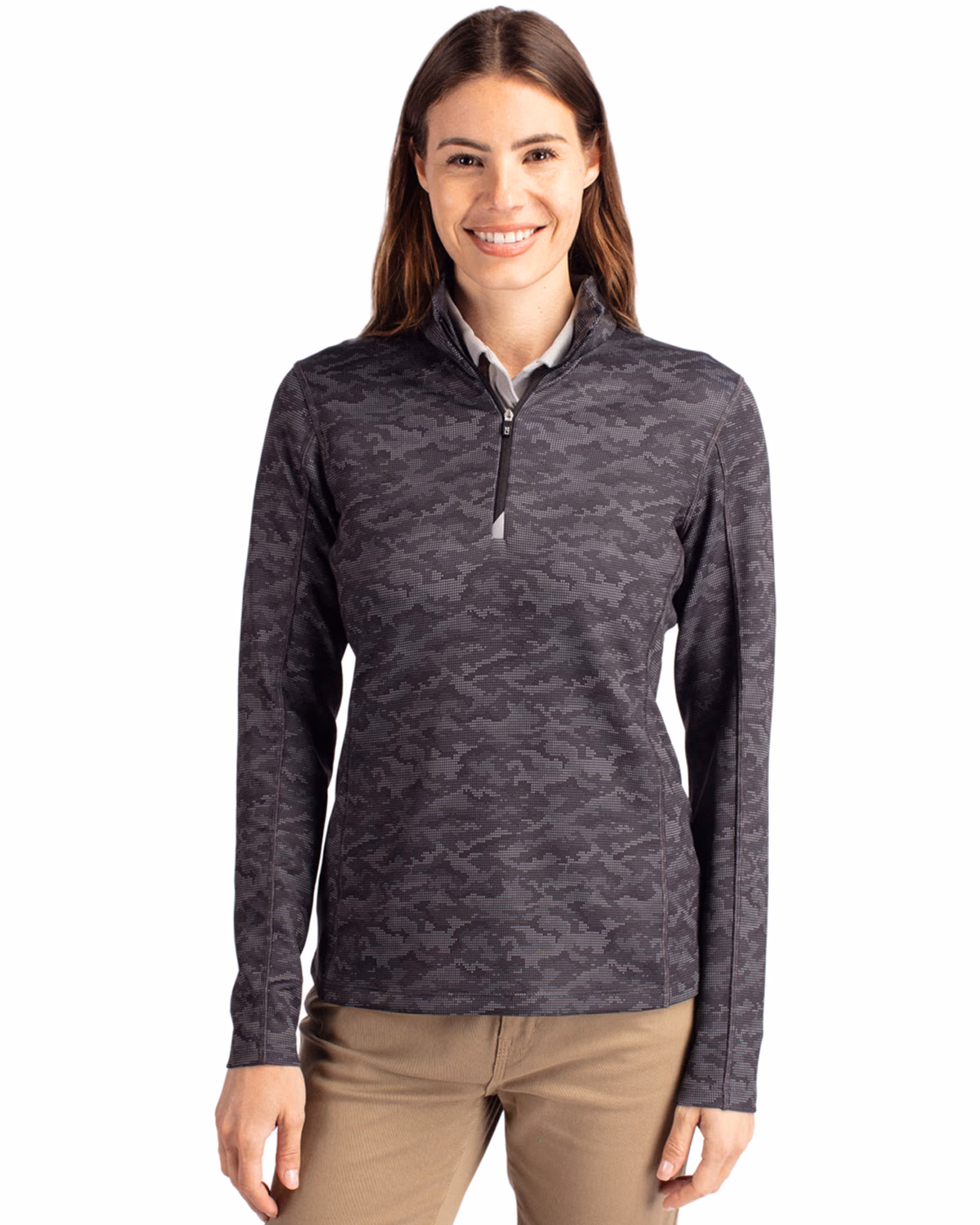 Custom Cutter & Buck Traverse Recycled Smooth Stretch Womens Camo Quarter Zip Pullover