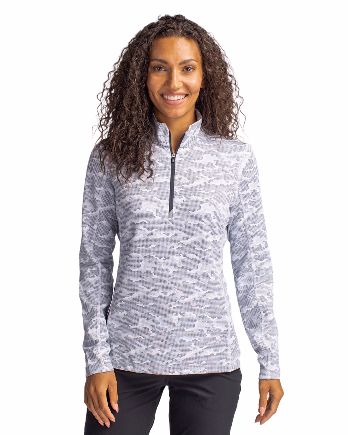 Custom Cutter & Buck Traverse Recycled Smooth Stretch Womens Camo Quarter Zip Pullover — Charcoal front