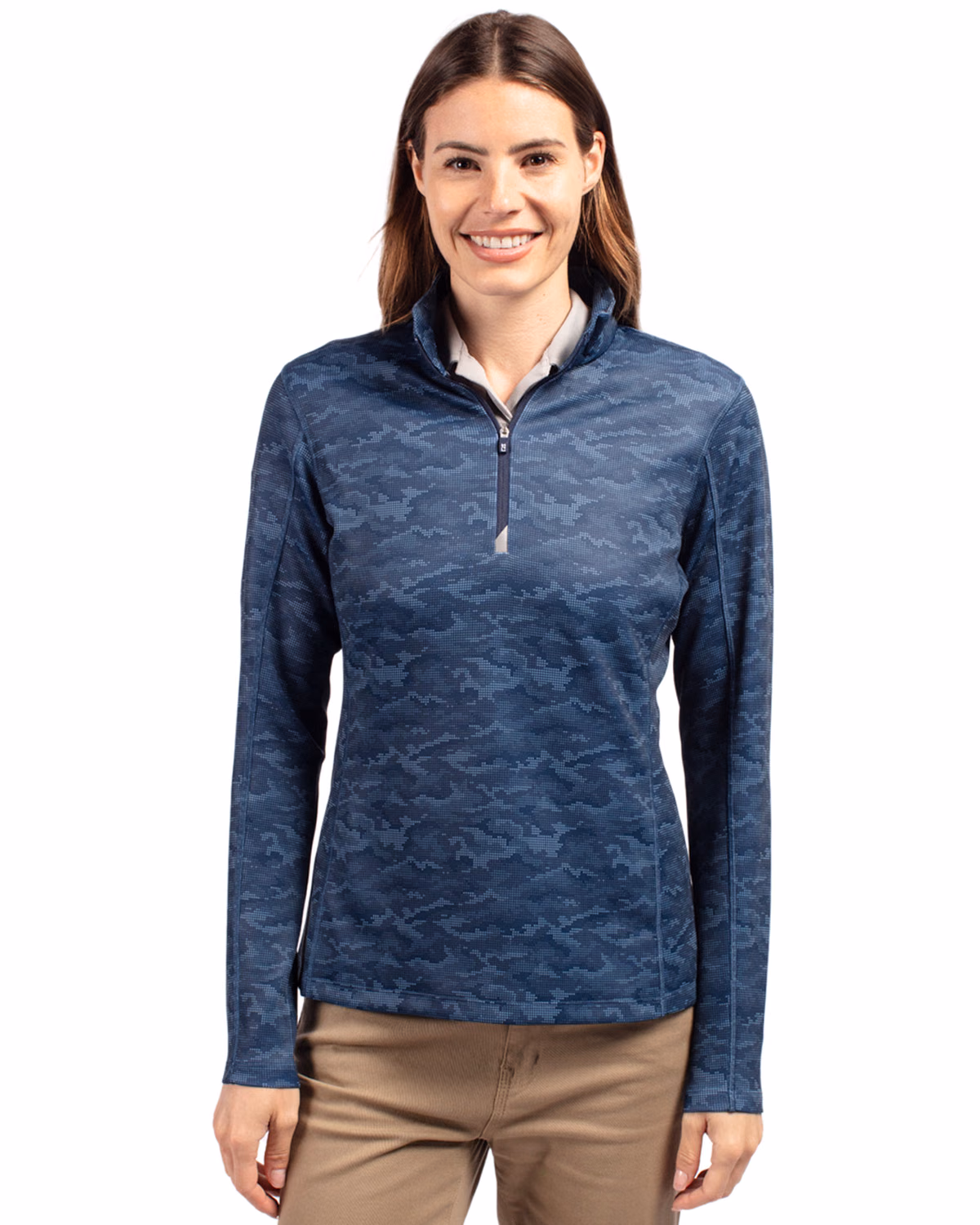 Custom Cutter & Buck Traverse Recycled Smooth Stretch Womens Camo Quarter Zip Pullover — Navy Blue front