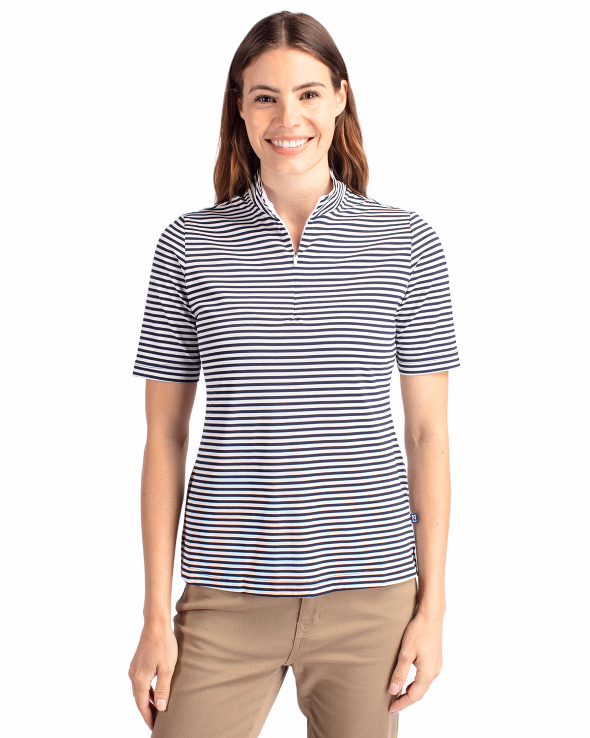 Custom Cutter & Buck Virtue Recycled Stripe Featherlight Pique Womens Half Zip — Navy Blue front
