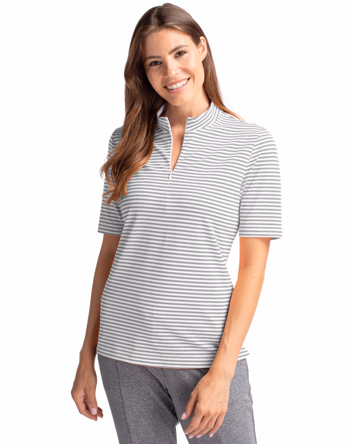 Custom Cutter & Buck Virtue Recycled Stripe Featherlight Pique Womens Half Zip — Polished front
