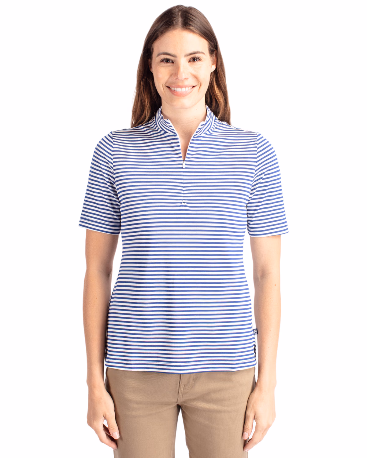 Custom Cutter & Buck Virtue Recycled Stripe Featherlight Pique Womens Half Zip — Tour Blue front