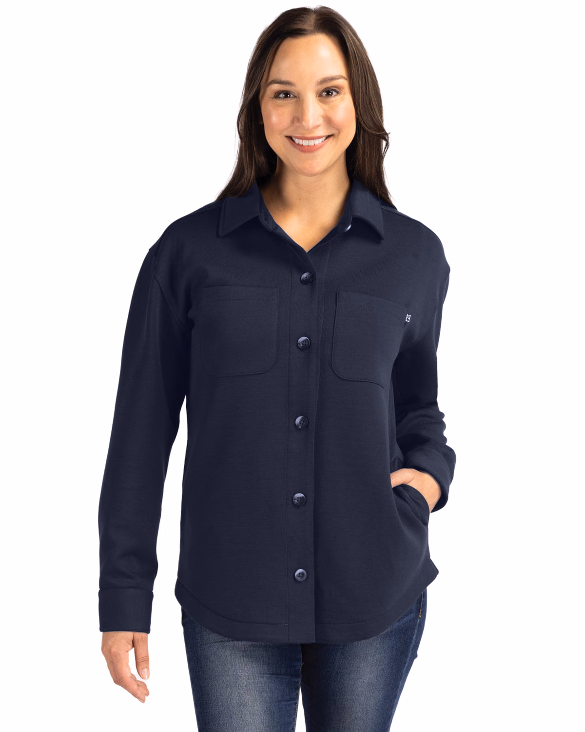 Custom Cutter & Buck Roam Recycled Buttery-Soft Knit Womens Button Down Shirt Jacket — Navy Blue front