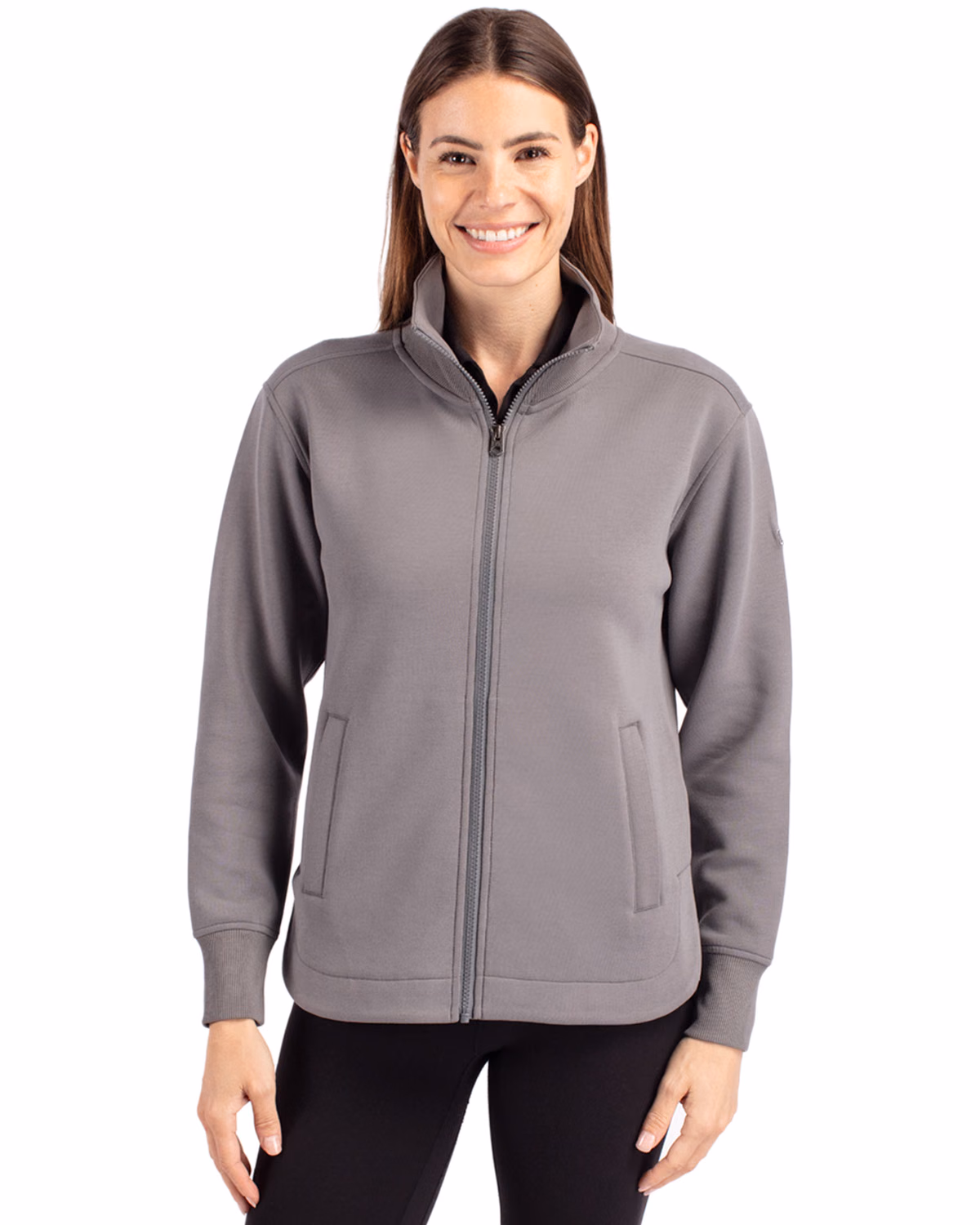Custom Cutter & Buck Roam Recycled Buttery-Soft Knit Womens Full Zip Jacket — Elemental Grey front