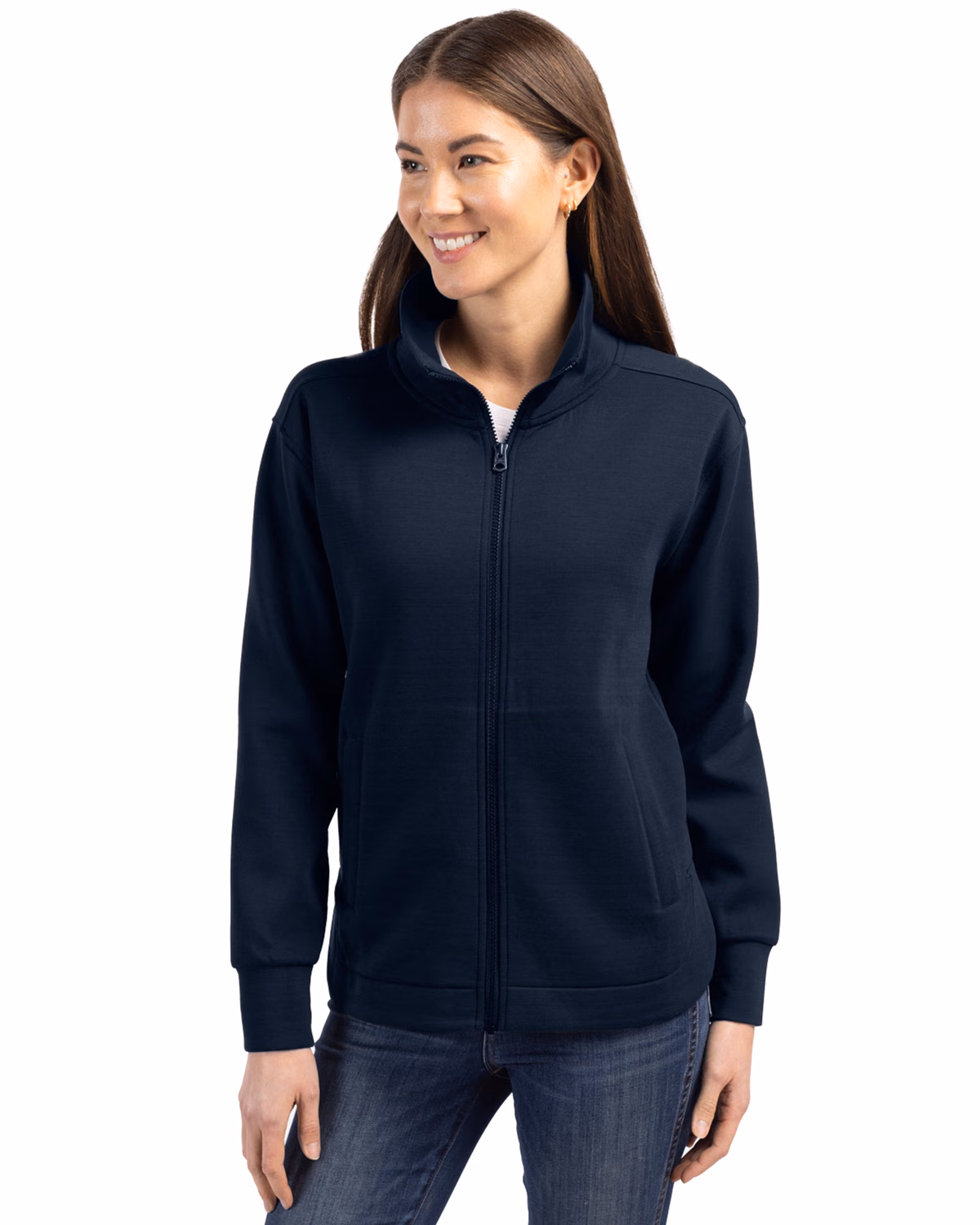 Custom Cutter & Buck Roam Recycled Buttery-Soft Knit Womens Full Zip Jacket — Navy Blue front
