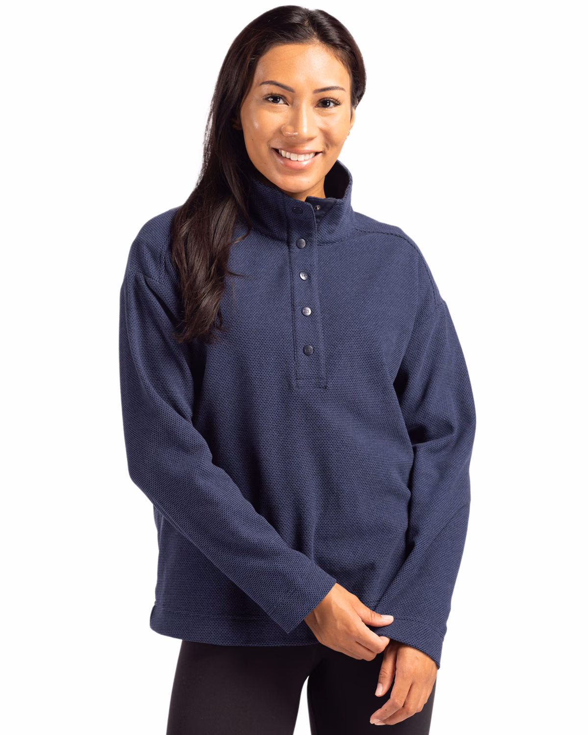 Custom Cutter & Buck Hunts Point Recycled Fleece Womens Hybrid Snap Placket Pullover — Navy Blue front