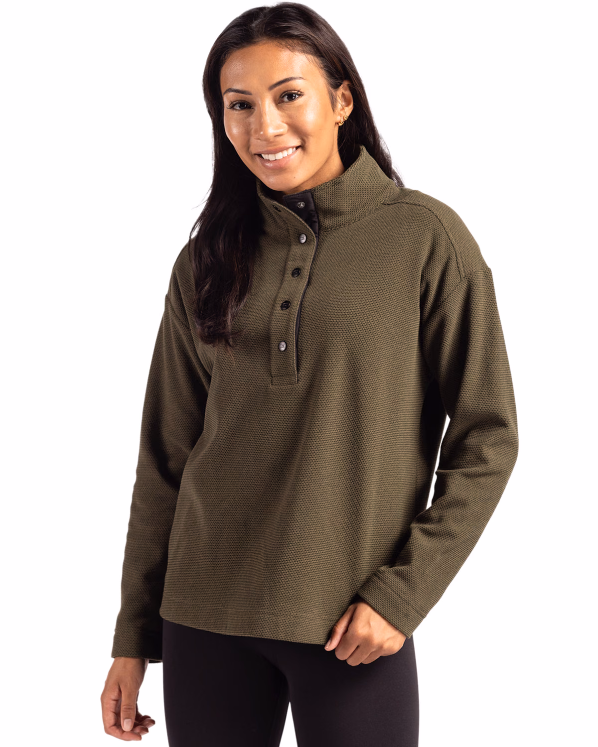 Custom Cutter & Buck Hunts Point Recycled Fleece Womens Hybrid Snap Placket Pullover — Poplar front