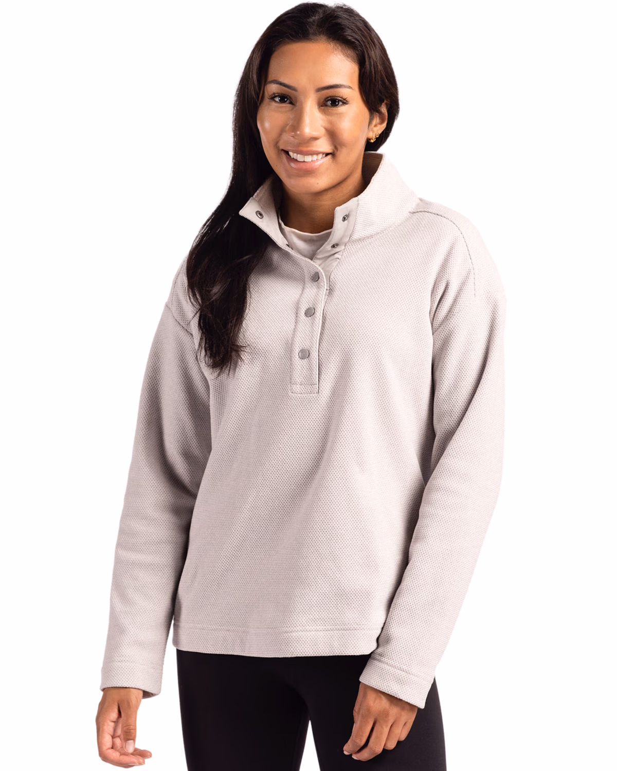 Custom Cutter & Buck Hunts Point Recycled Fleece Womens Hybrid Snap Placket Pullover — Polished front