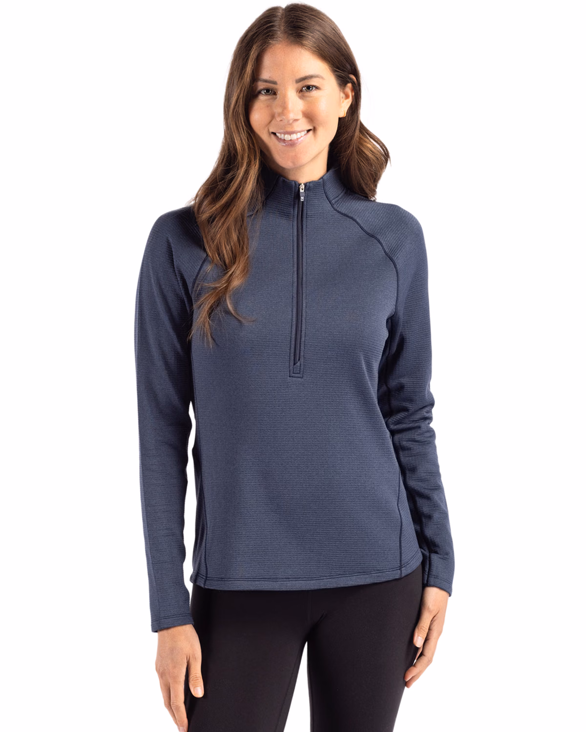 Custom Cutter & Buck Peshastin Recycled Grid Fleece Womens Half Zip Pullover — Navy Blue Heather front