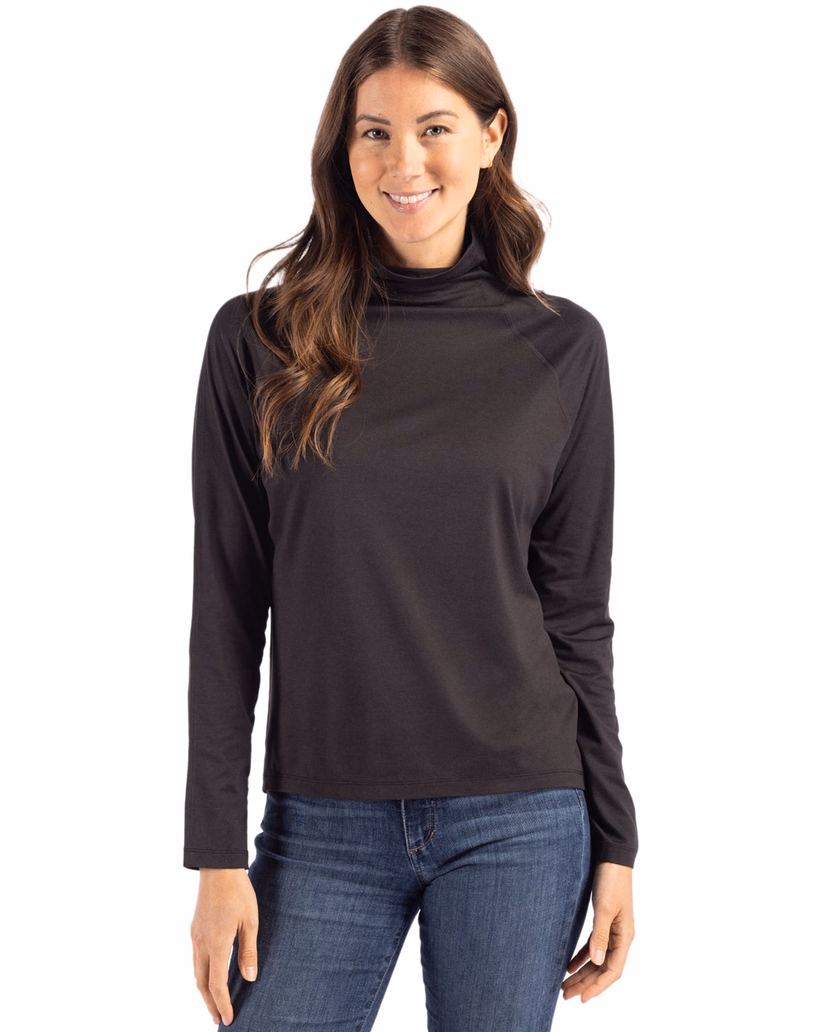 Custom Cutter & Buck Coastline Recycled Double Peached Womens Funnel Neck Pullover — Black front