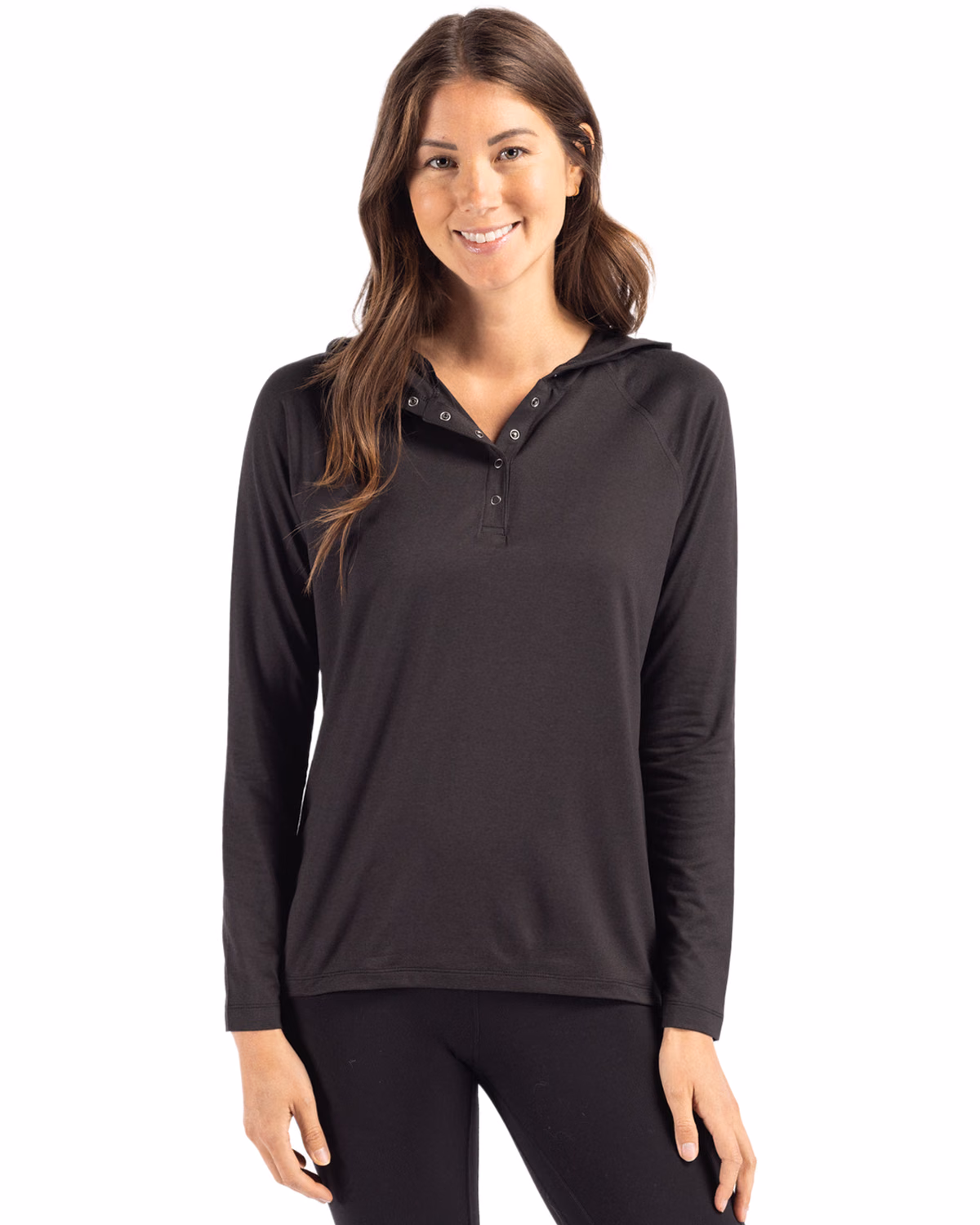 Custom Cutter & Buck Coastline Recycled Double Peached Womens Hooded Pullover — Black front