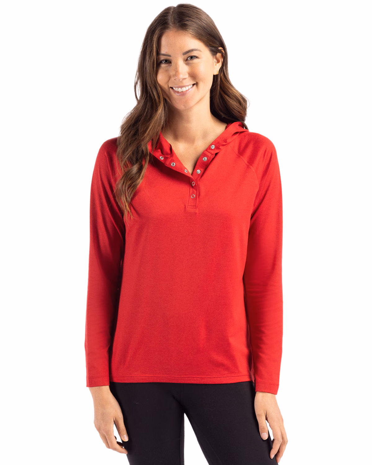 Custom Cutter & Buck Coastline Recycled Double Peached Womens Hooded Pullover — Cardinal Red front