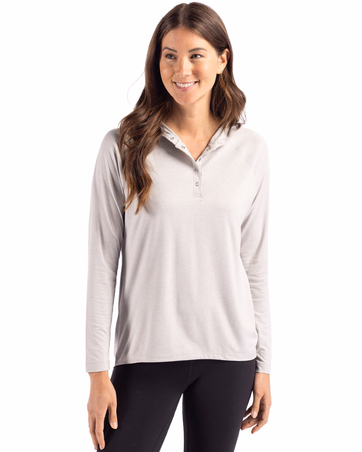 Custom Cutter & Buck Coastline Recycled Double Peached Womens Hooded Pullover — CONCRETE front