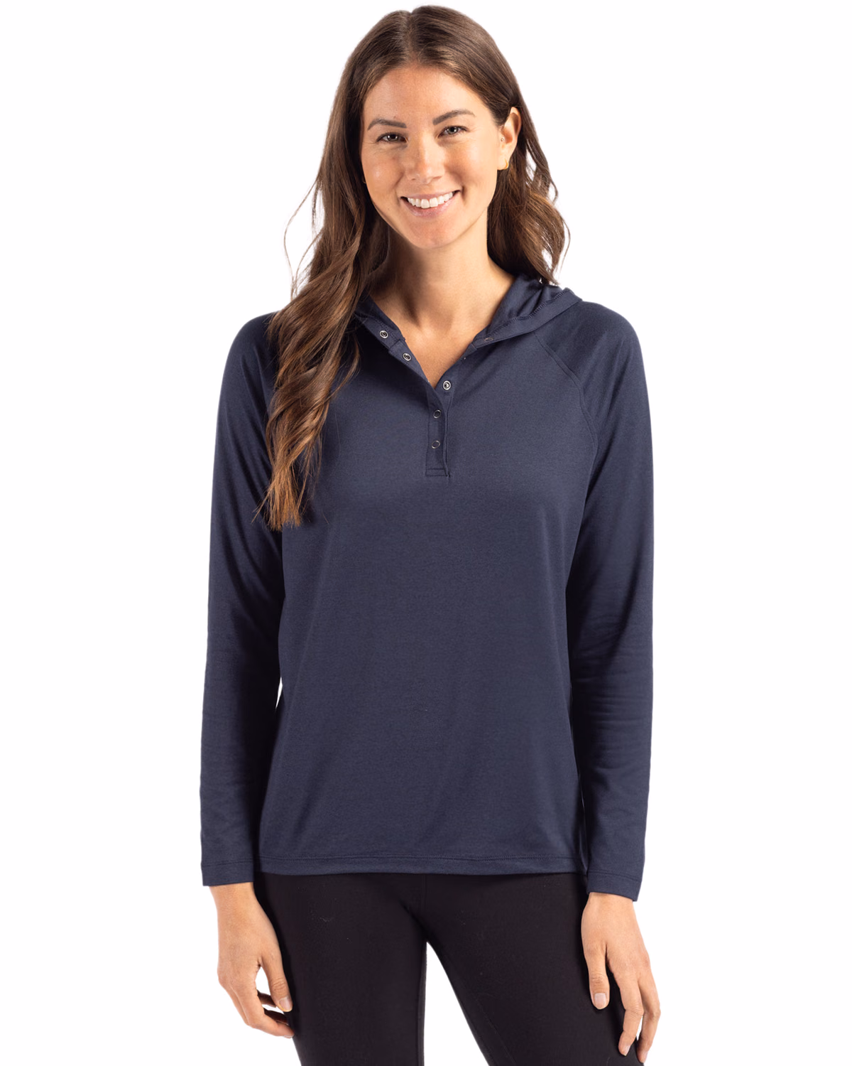 Custom Cutter & Buck Coastline Recycled Double Peached Womens Hooded Pullover — Navy Blue front