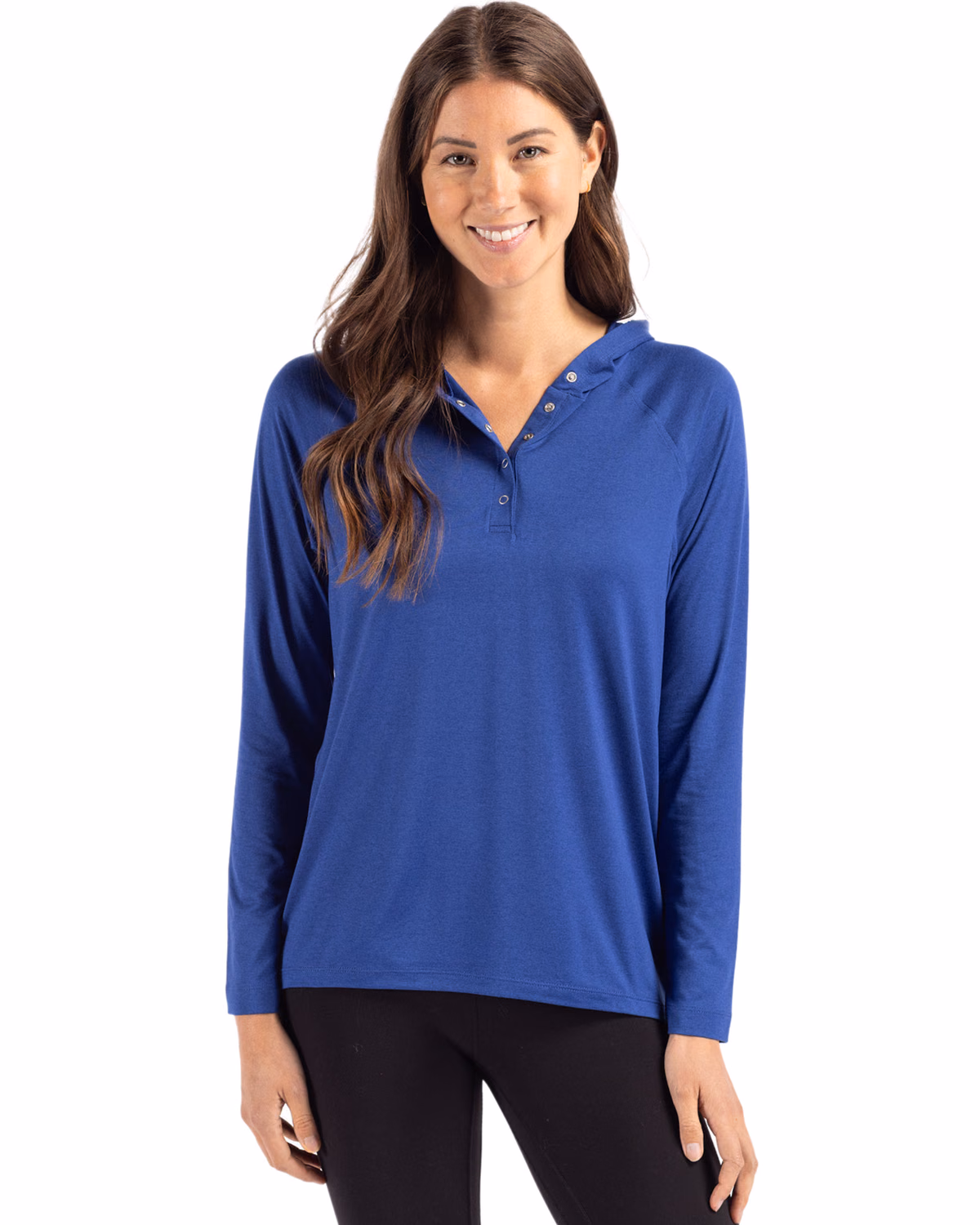 Custom Cutter & Buck Coastline Recycled Double Peached Womens Hooded Pullover — Tour Blue front