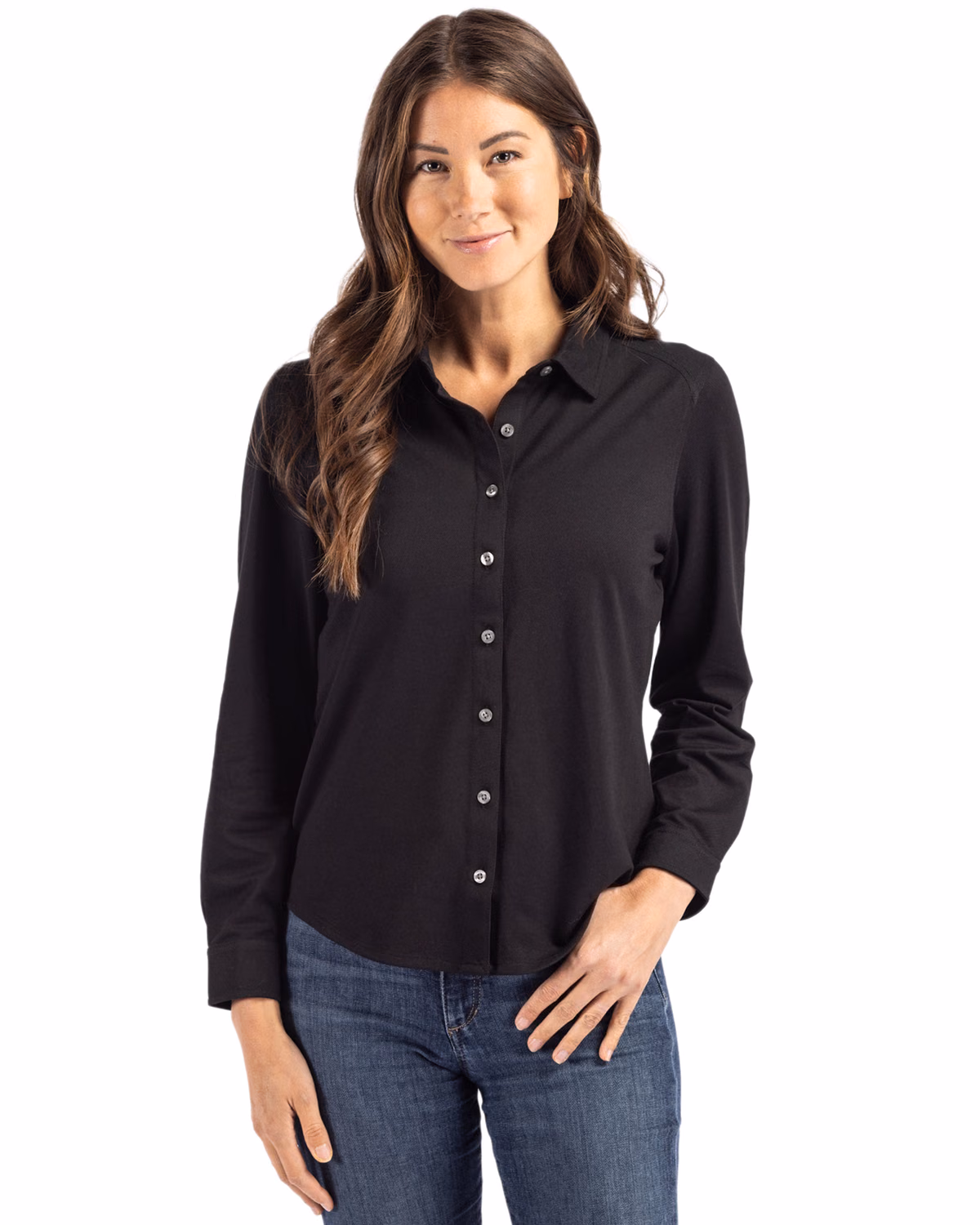 Custom Cutter & Buck Advantage Recycled Cotton-Blend Pique Womens Long Sleeve Button Down Shirt