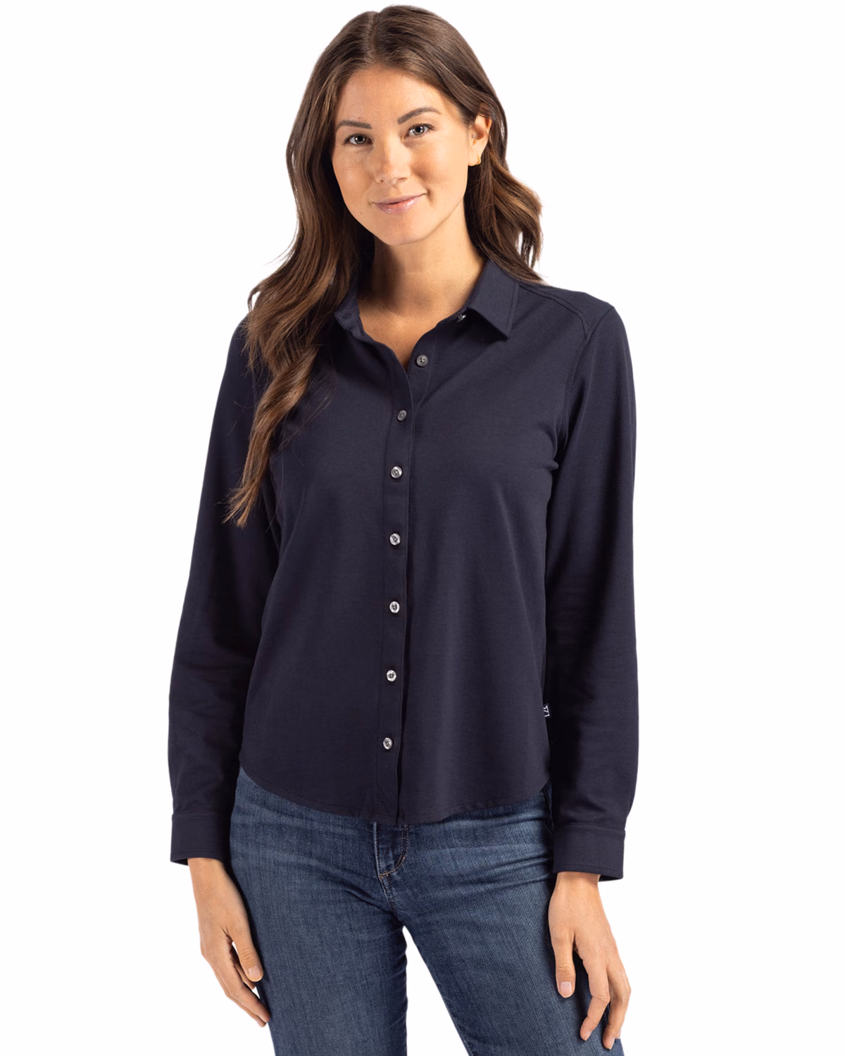 Custom Cutter & Buck Advantage Recycled Cotton-Blend Pique Womens Long Sleeve Button Down Shirt — Liberty Navy front