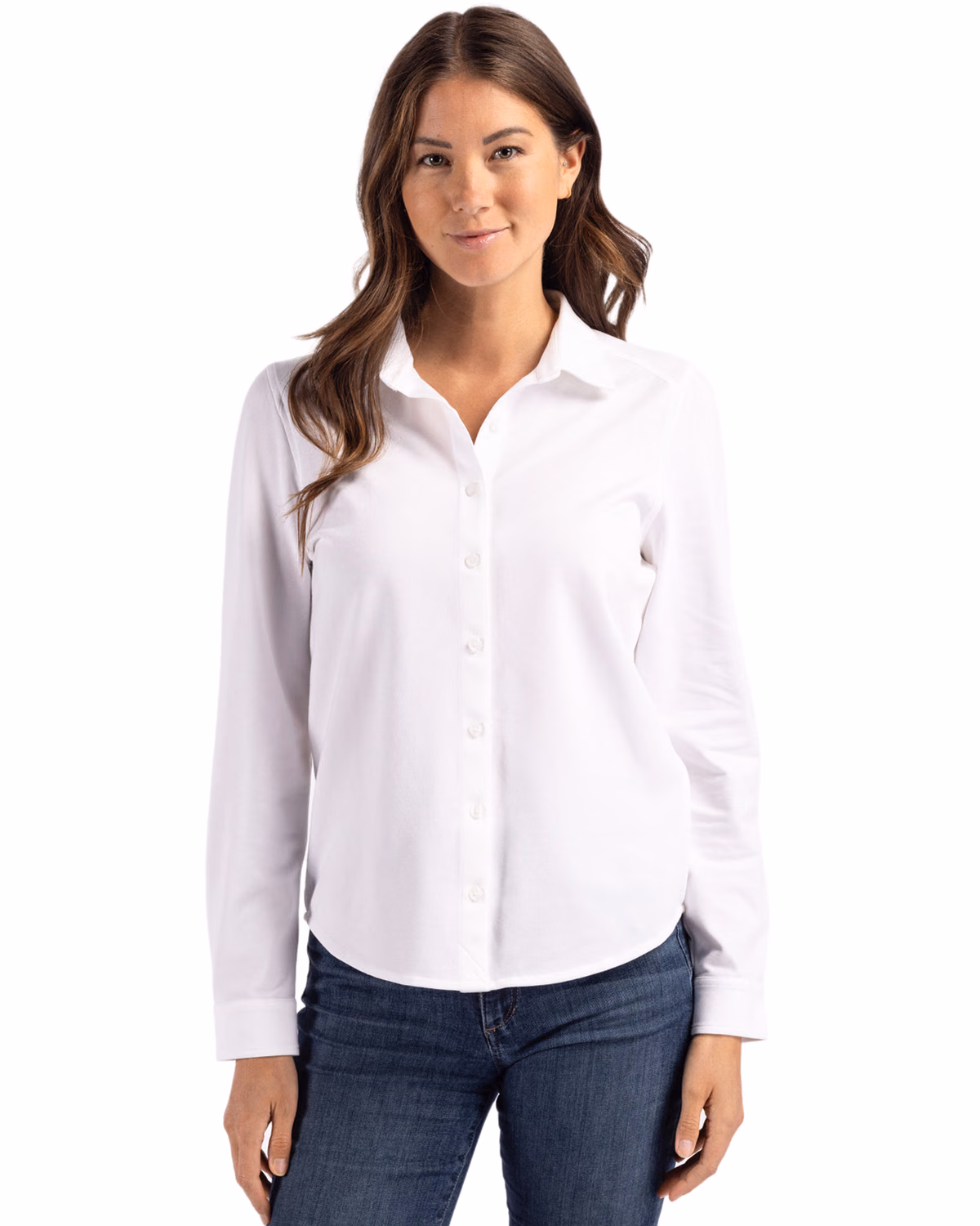 Custom Cutter & Buck Advantage Recycled Cotton-Blend Pique Womens Long Sleeve Button Down Shirt — White front
