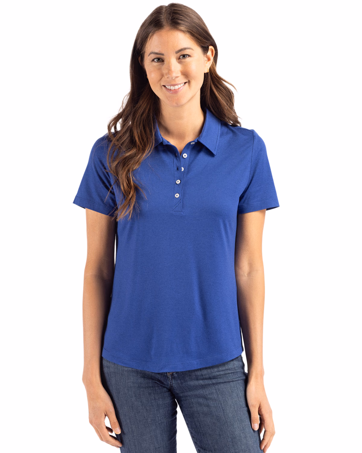 Custom Cutter & Buck Coastline Recycled Double Peached Womens Polo — Tour Blue front