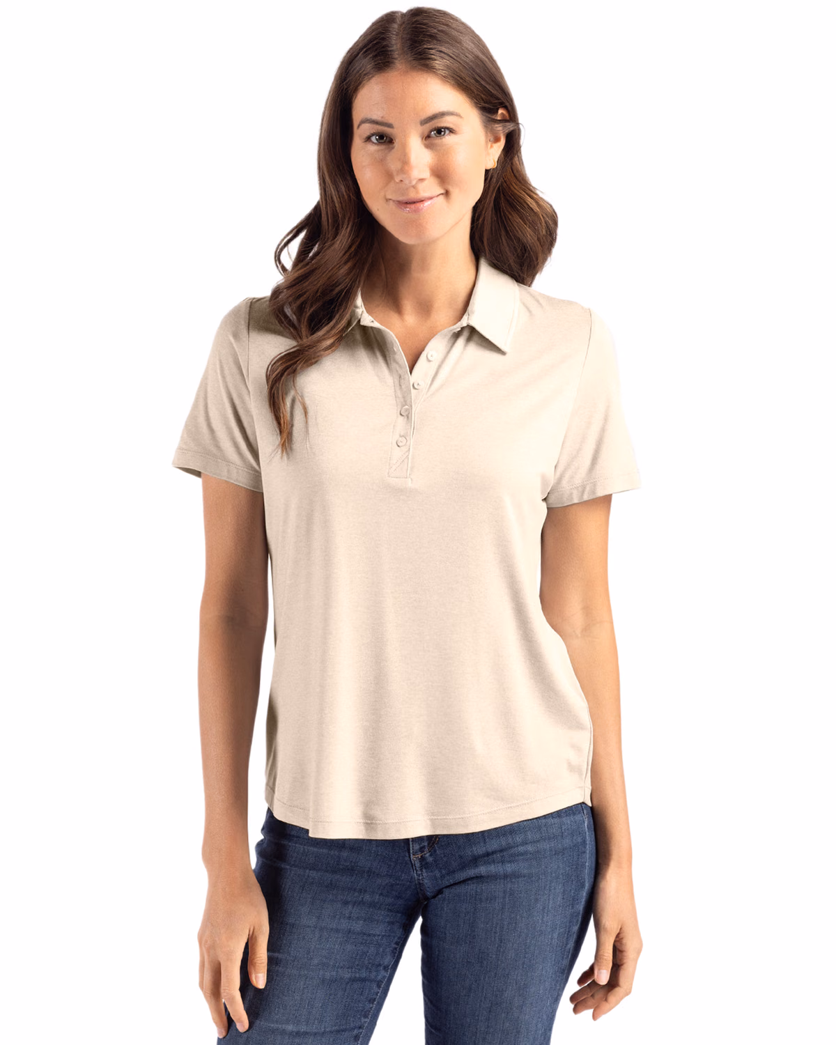 Custom Cutter & Buck Coastline Recycled Double Peached Womens Polo — Wheat front