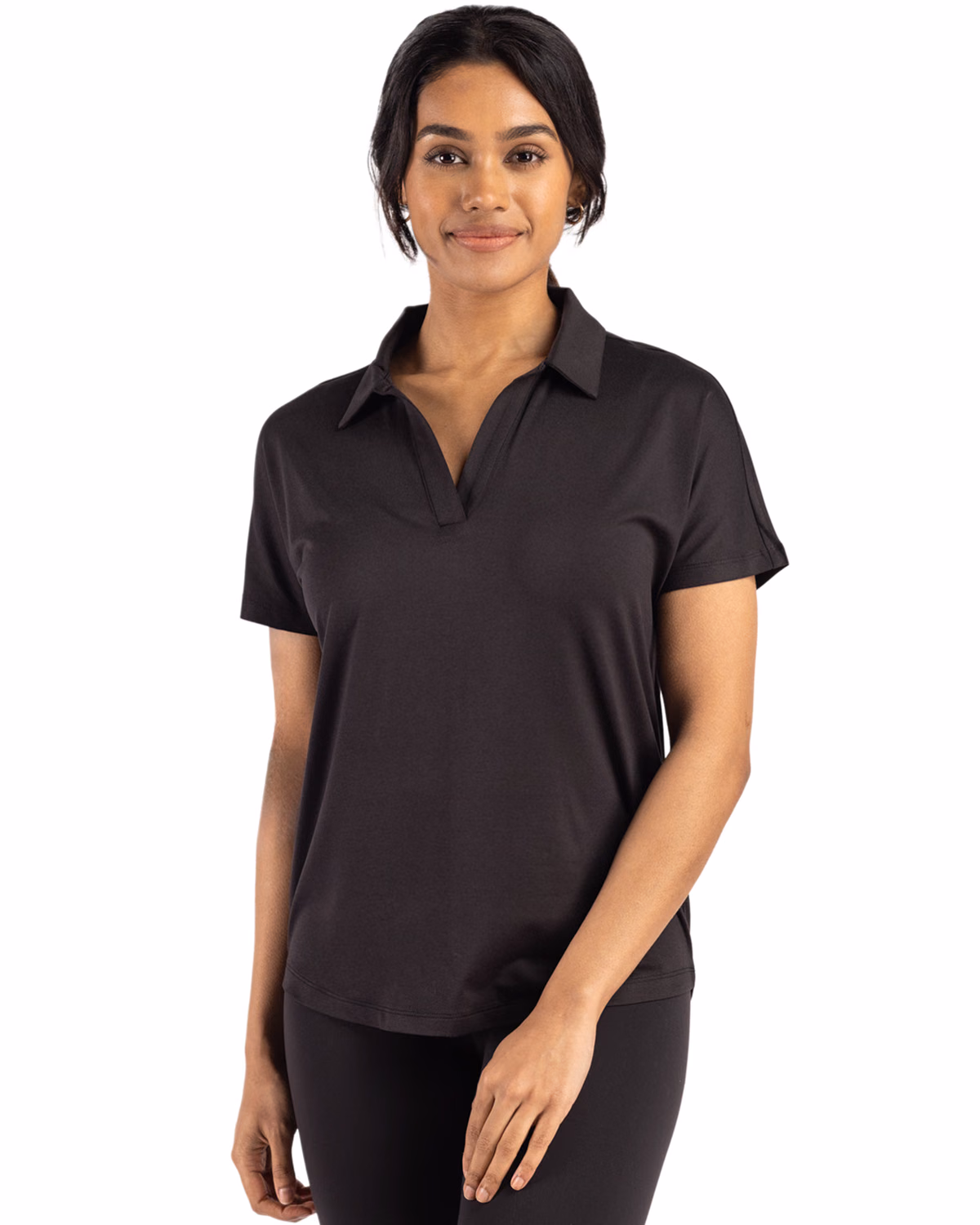 Custom Cutter & Buck Coastline Recycled Double Peached Womens Dolman Polo — Black front