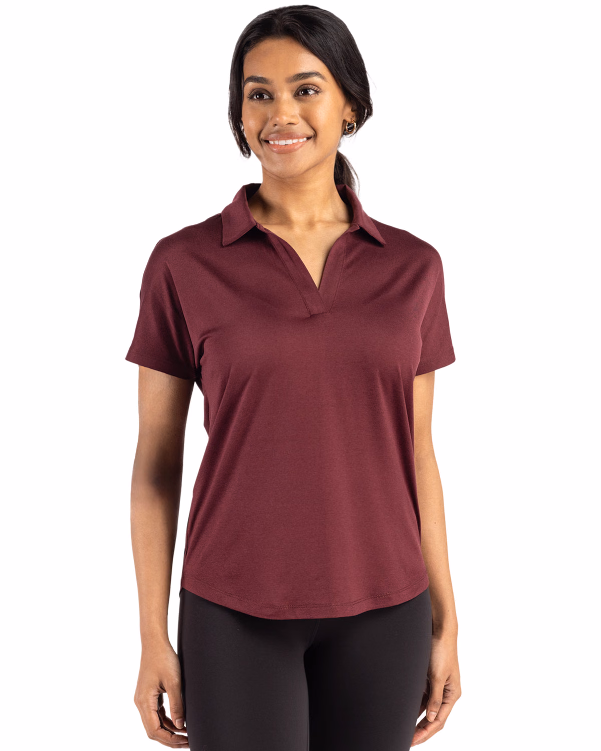 Custom Cutter & Buck Coastline Recycled Double Peached Womens Dolman Polo — Bordeaux front
