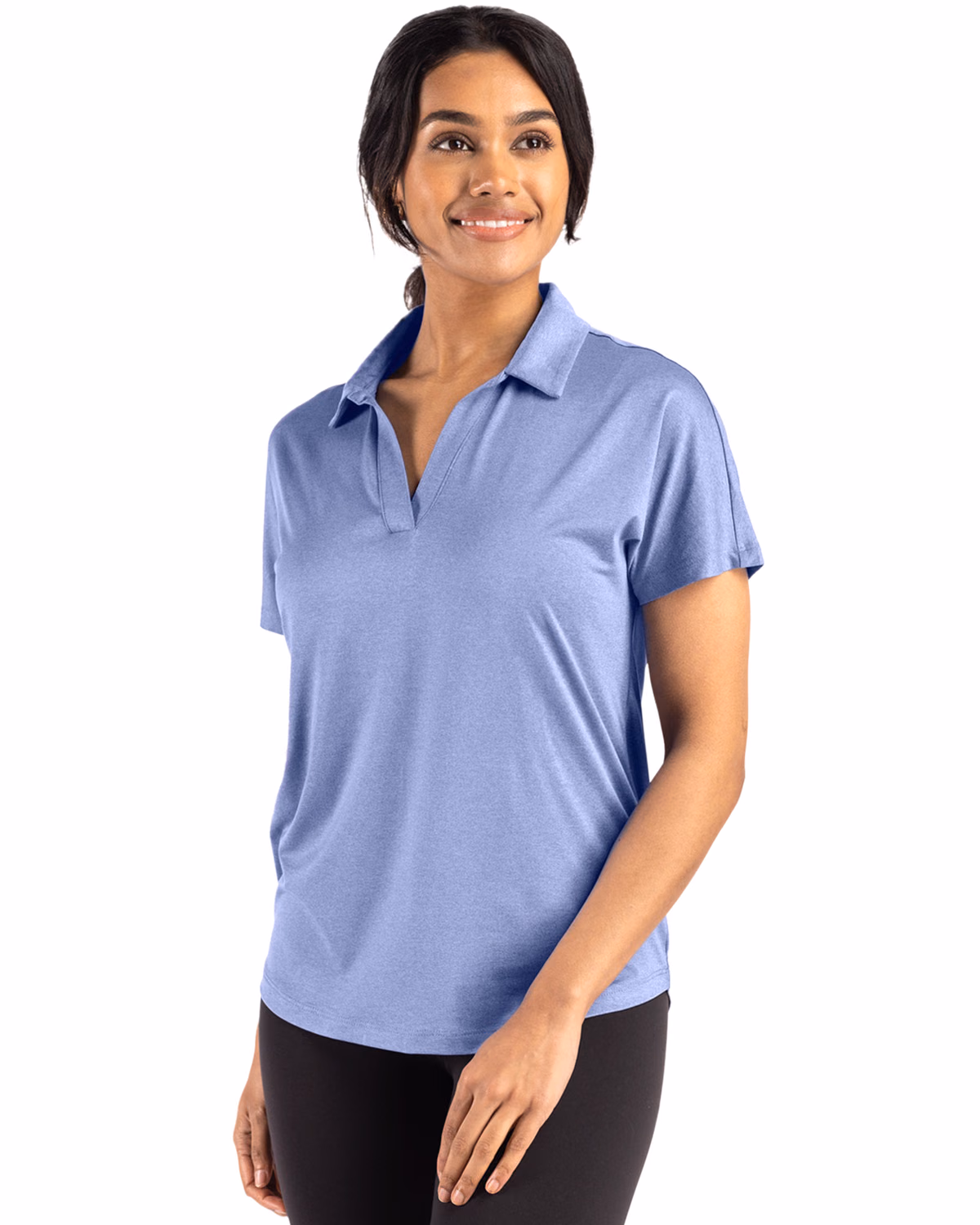 Custom Cutter & Buck Coastline Recycled Double Peached Womens Dolman Polo — Hyacinth front