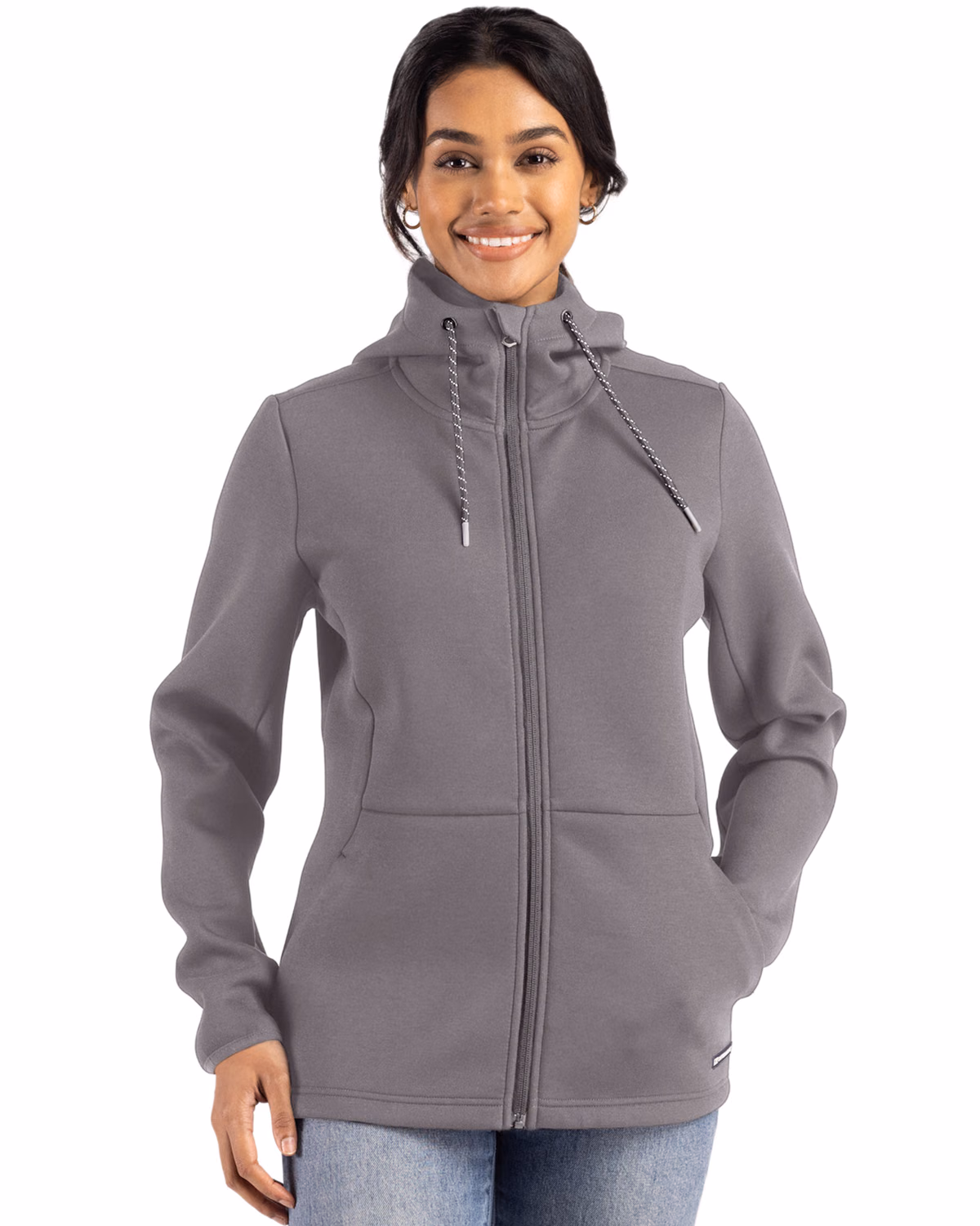 Custom Cutter & Buck Roam Recycled Buttery-Soft Knit Womens Full Zip Hooded Jacket — Elemental Grey front