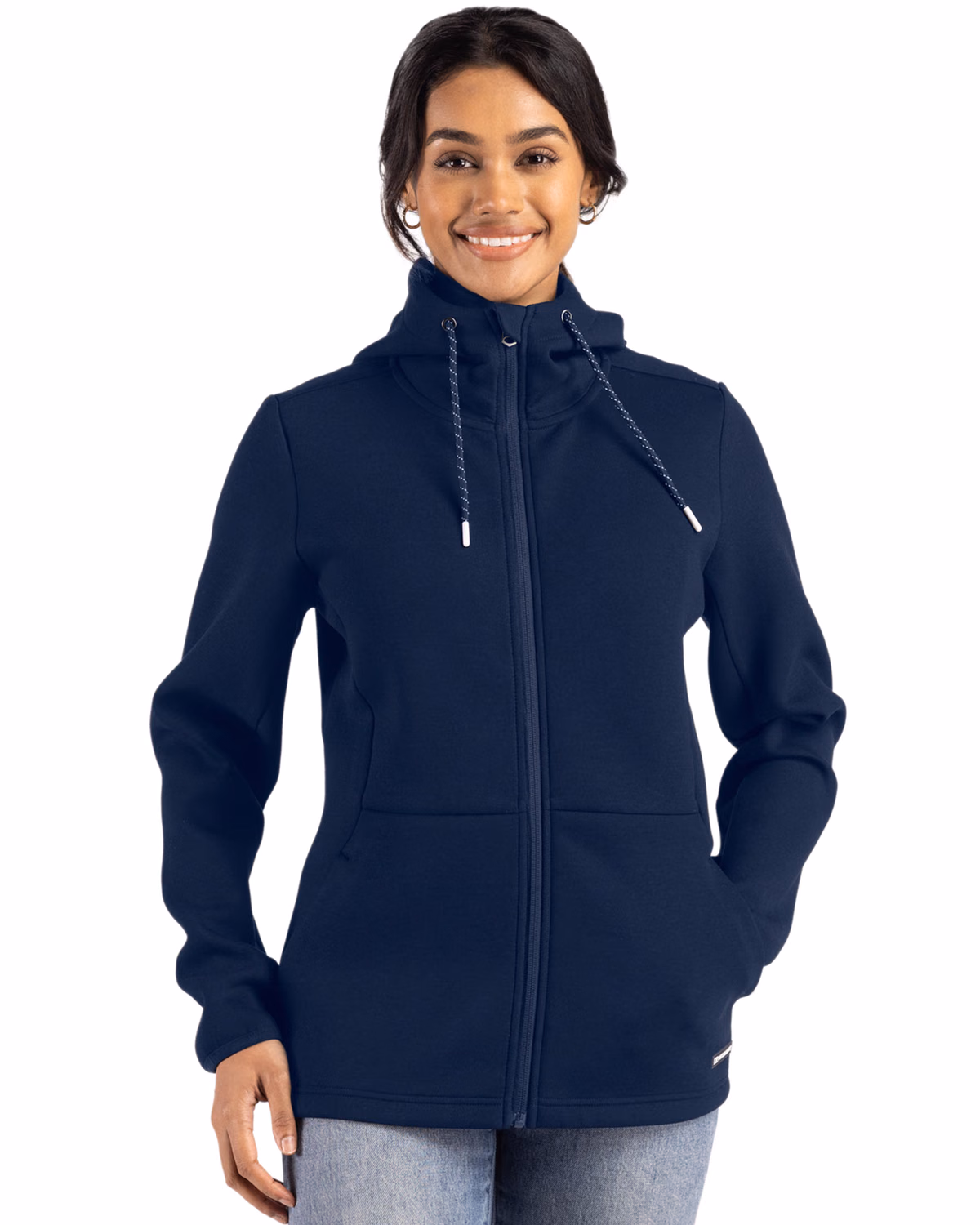 Custom Cutter & Buck Roam Recycled Buttery-Soft Knit Womens Full Zip Hooded Jacket — Navy Blue front