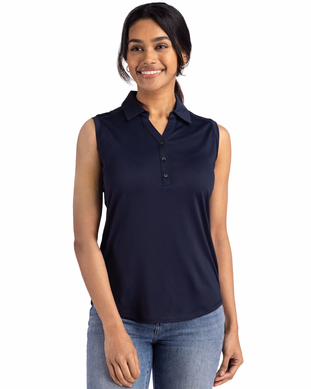 Custom Cutter & Buck Forge Recycled Four-Way Stretch Womens Sleeveless Polo — Navy Blue front