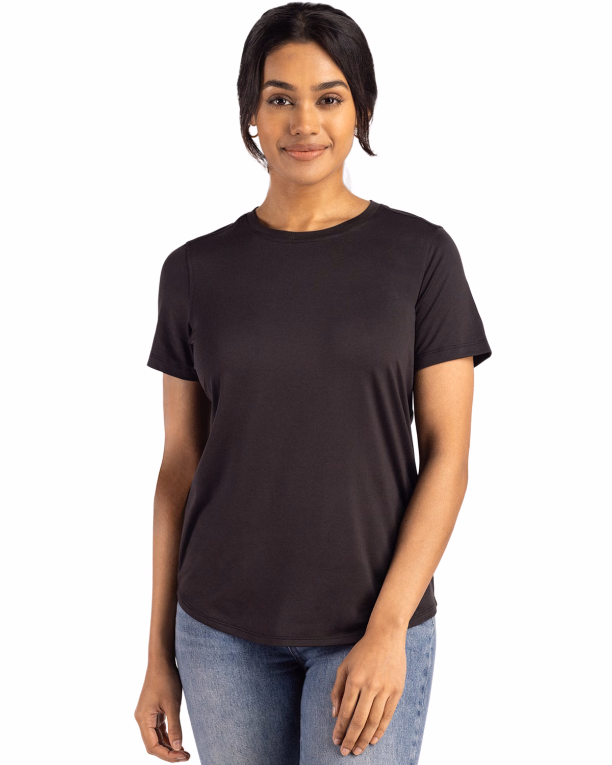 Custom Cutter & Buck Coastline Recycled Double Peached Womens Short Sleeve Tee — Black front
