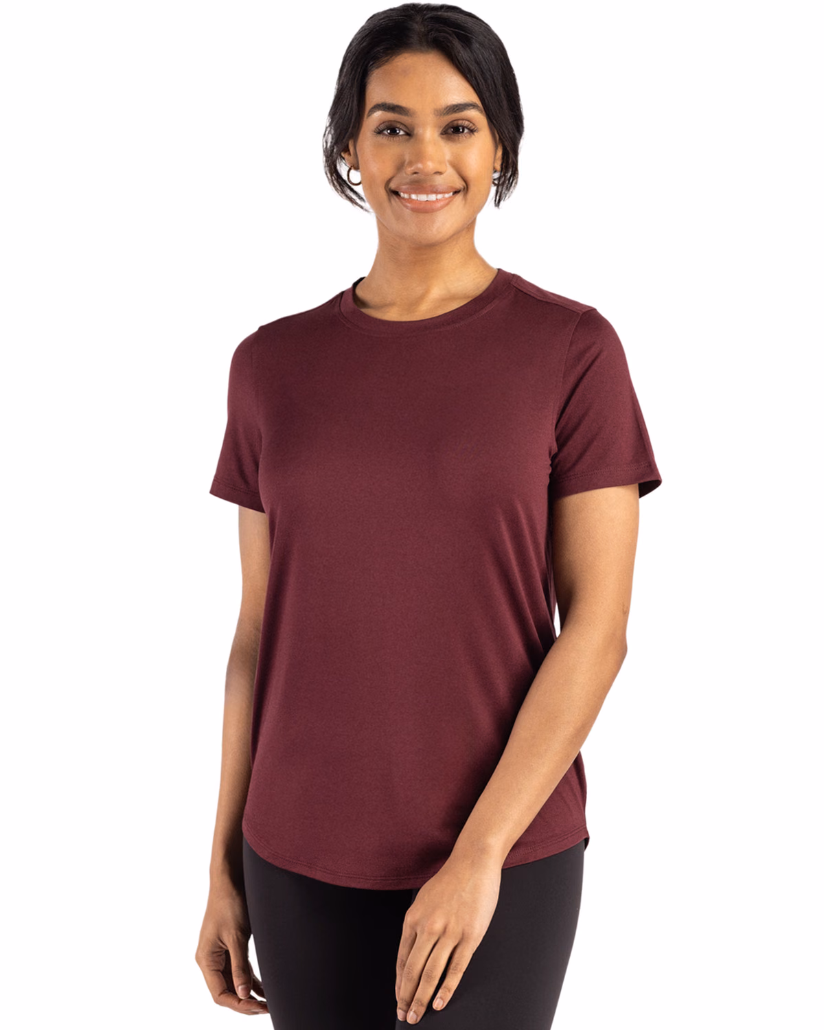 Custom Cutter & Buck Coastline Recycled Double Peached Womens Short Sleeve Tee — Bordeaux front