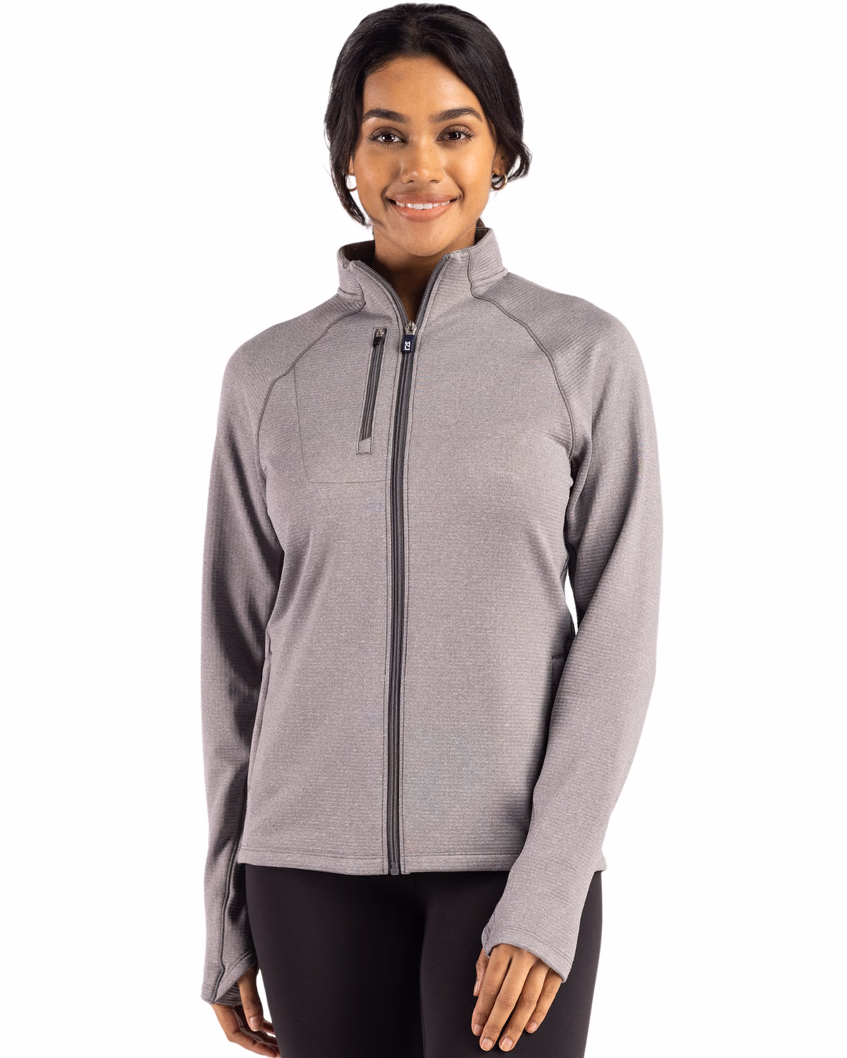 Custom Cutter & Buck Peshastin Recycled Grid Fleece Womens Full Zip Jacket — Elemental Grey Heather front