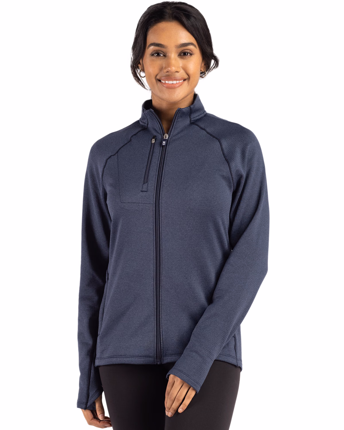 Custom Cutter & Buck Peshastin Recycled Grid Fleece Womens Full Zip Jacket — Navy Blue Heather front
