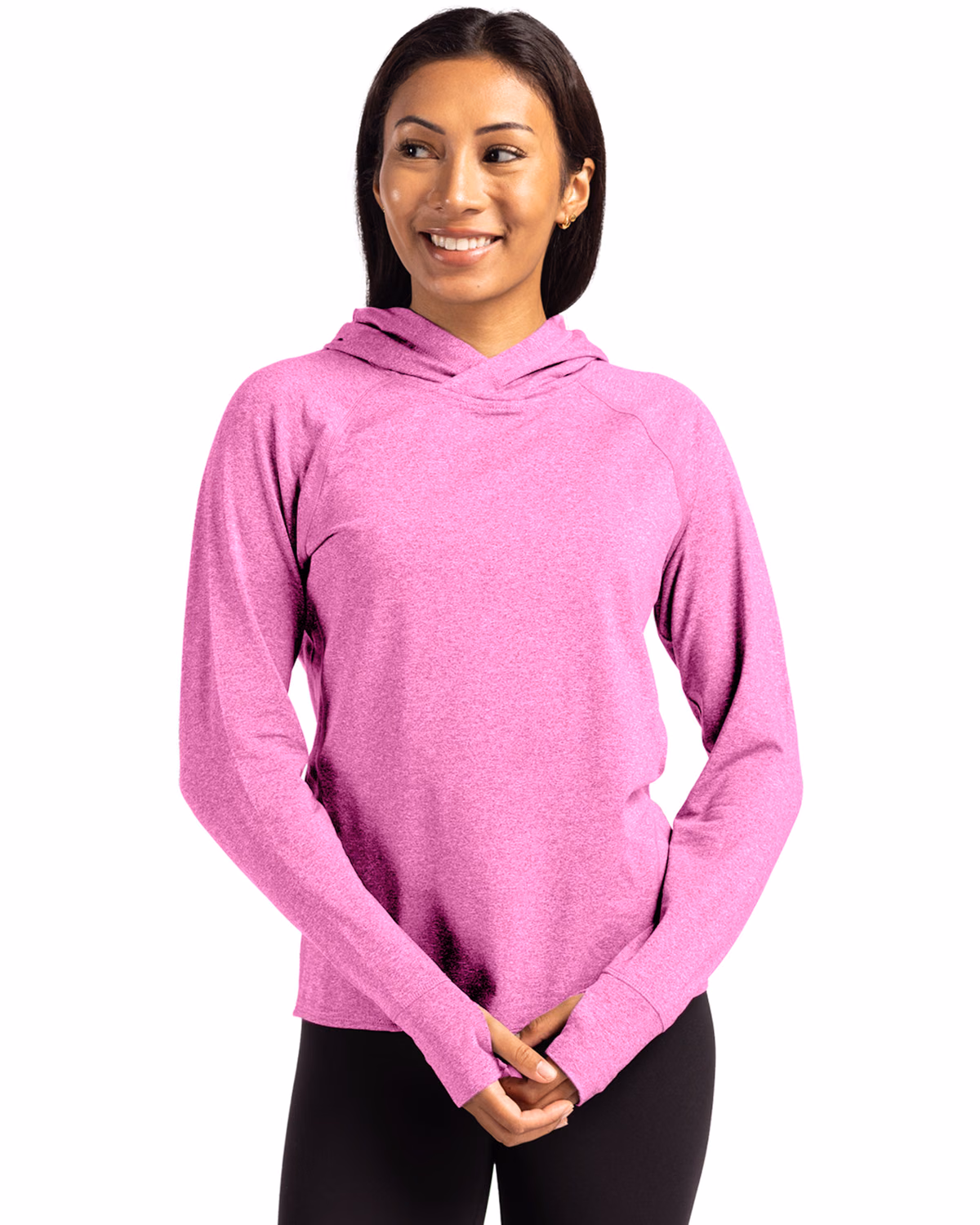 Custom Cutter & Buck Adapt Recycled Soft Knit Stretch Womens Hooded Pullover — Gelato Heather front