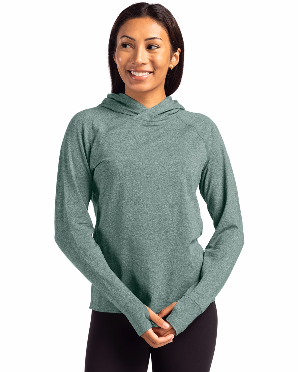 Custom Cutter & Buck Adapt Recycled Soft Knit Stretch Womens Hooded Pullover — Hunter Heather front