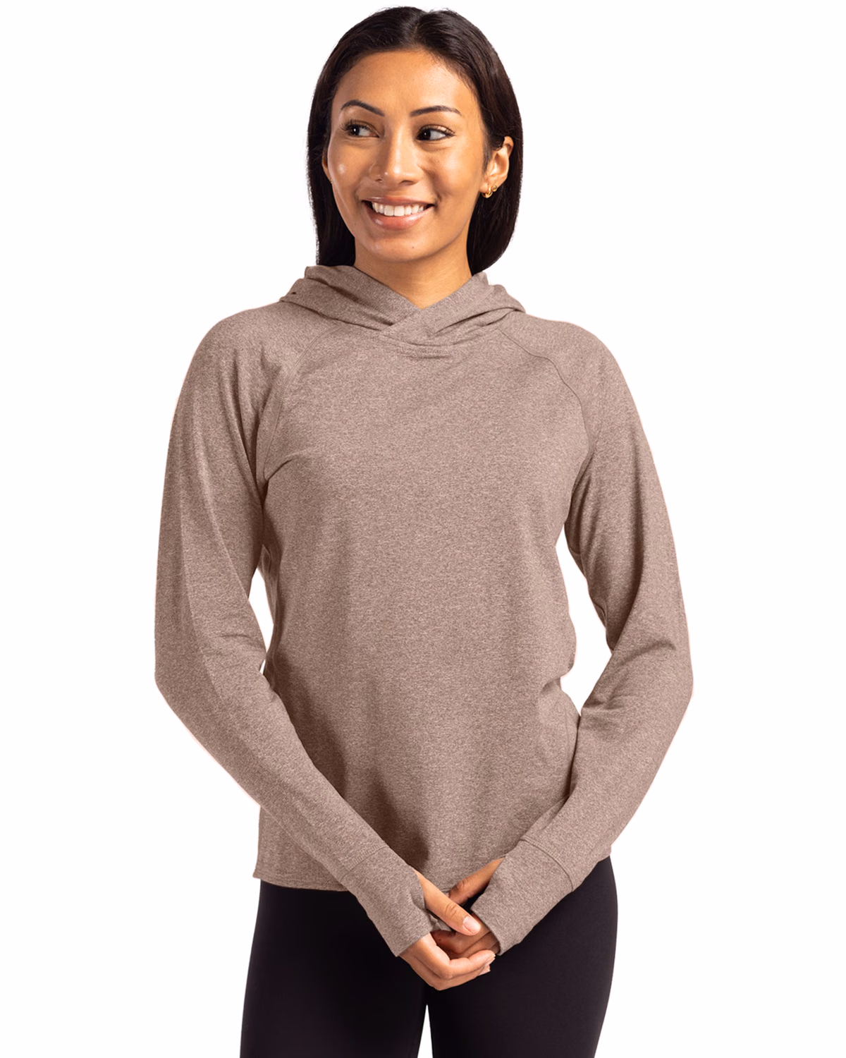 Custom Cutter & Buck Adapt Recycled Soft Knit Stretch Womens Hooded Pullover — Mushroom Heather front