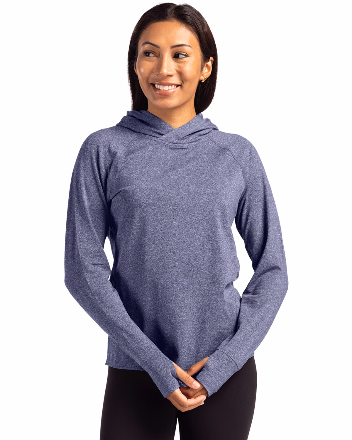 Custom Cutter & Buck Adapt Recycled Soft Knit Stretch Womens Hooded Pullover — Navy Blue Heather front
