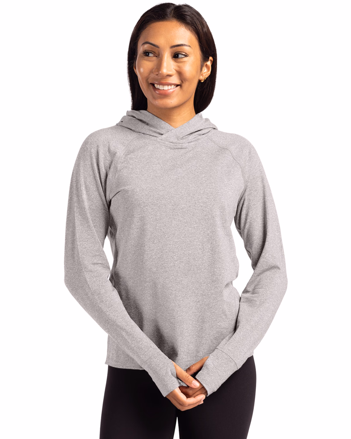 Custom Cutter & Buck Adapt Recycled Soft Knit Stretch Womens Hooded Pullover — Polished Heather front