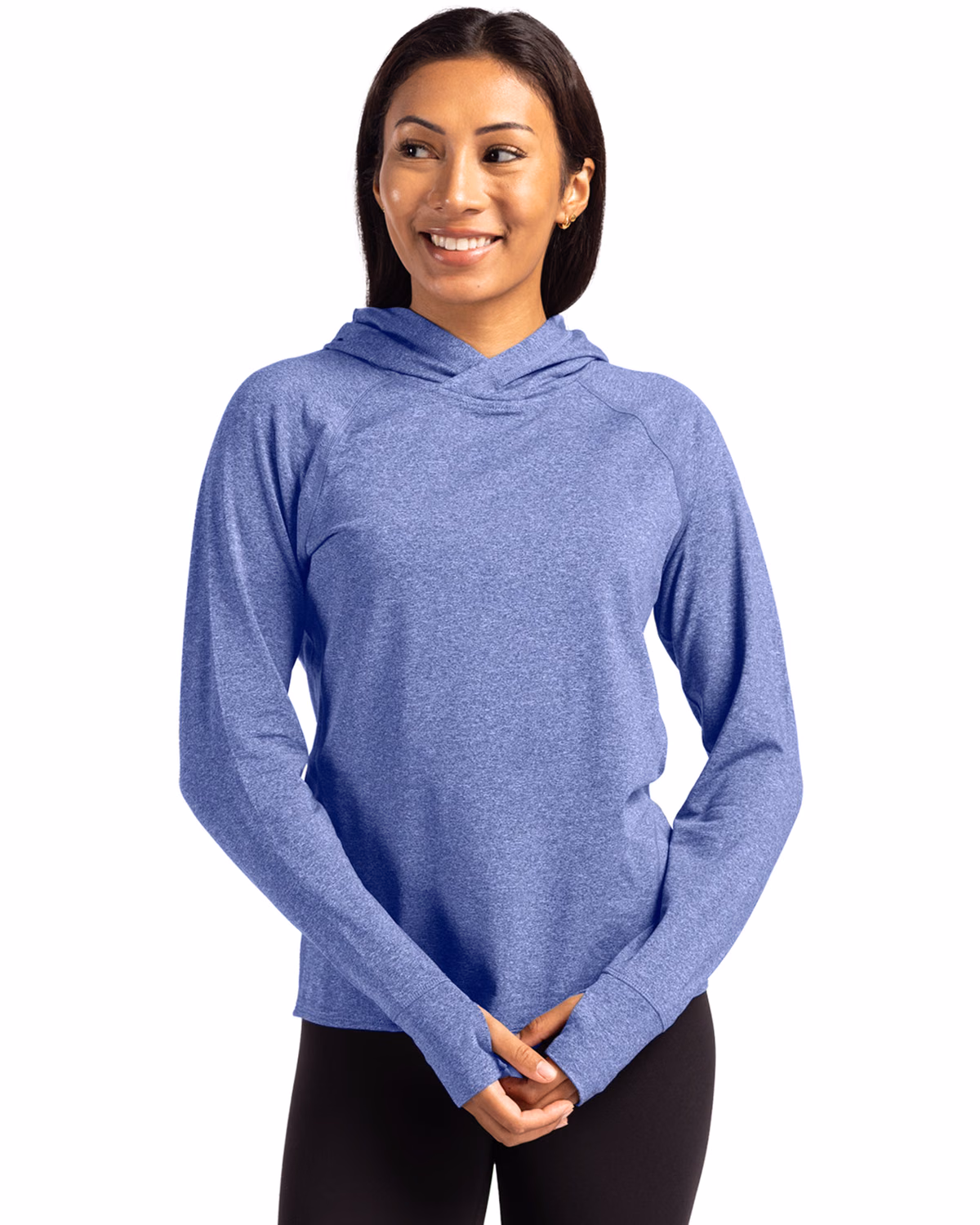 Custom Cutter & Buck Adapt Recycled Soft Knit Stretch Womens Hooded Pullover — Tour Blue Heather front