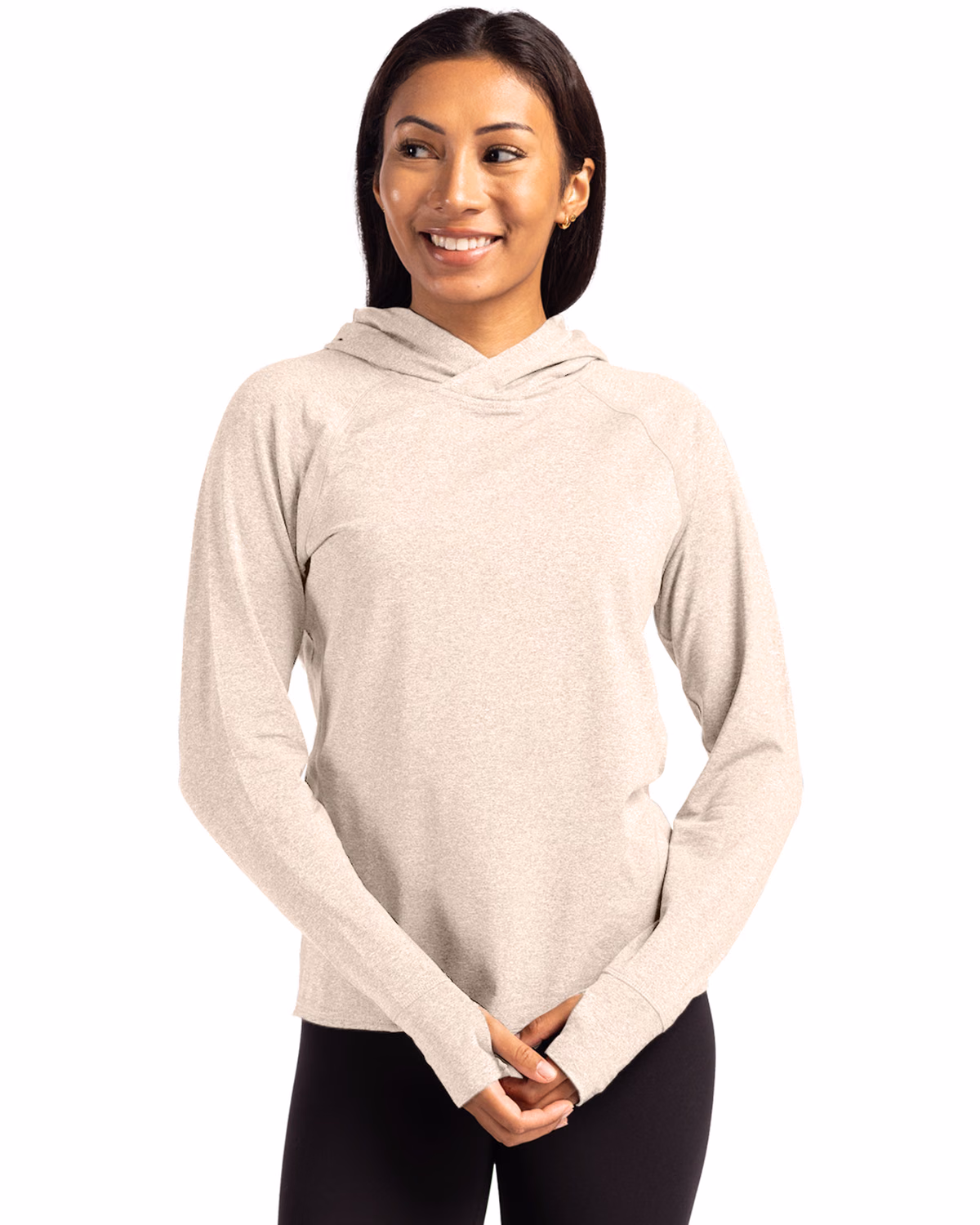 Custom Cutter & Buck Adapt Recycled Soft Knit Stretch Womens Hooded Pullover — Wheat Heather front