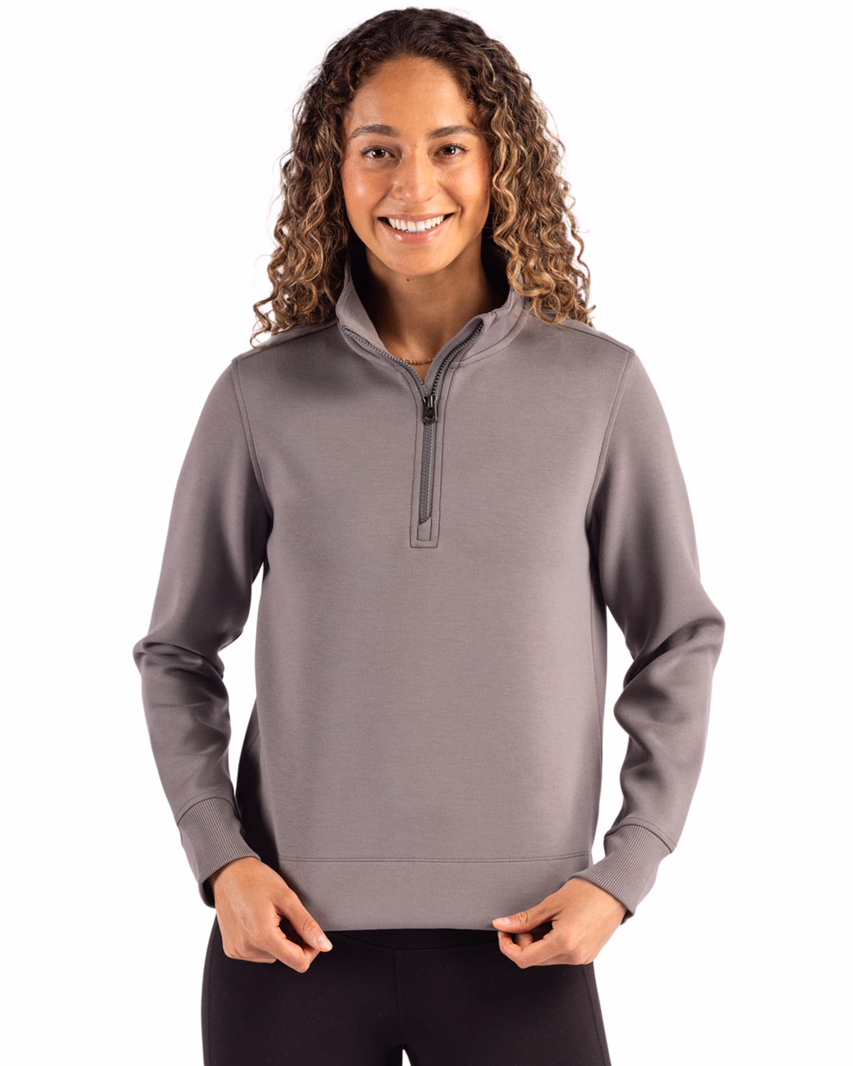 Custom Cutter & Buck Roam Recycled Buttery-Soft Knit Womens Quarter Zip Pullover — Elemental Grey front
