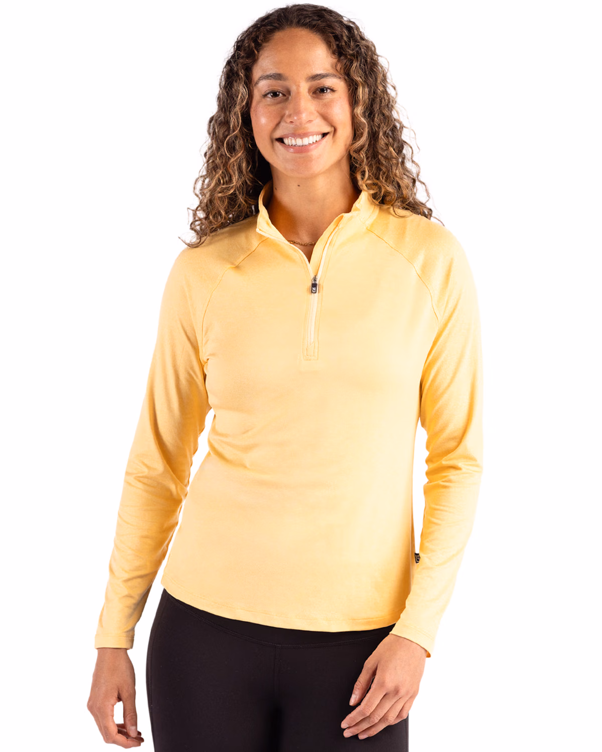 Custom Cutter & Buck Coastline Recycled Double Peached Womens Quarter Zip Pullover — Desert front