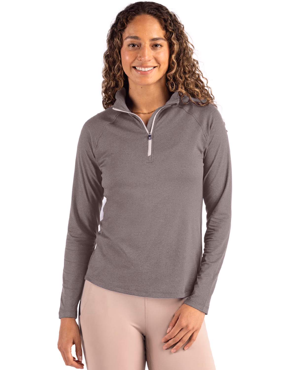 Custom Cutter & Buck Coastline Recycled Double Peached Womens Quarter Zip Pullover — Elemental Grey front