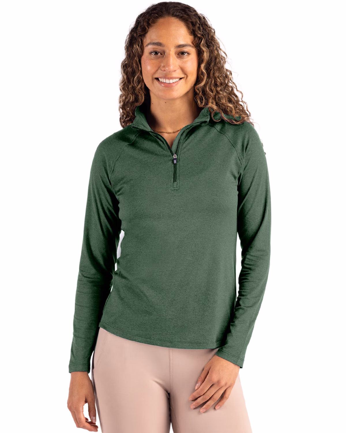 Custom Cutter & Buck Coastline Recycled Double Peached Womens Quarter Zip Pullover — Hunter front